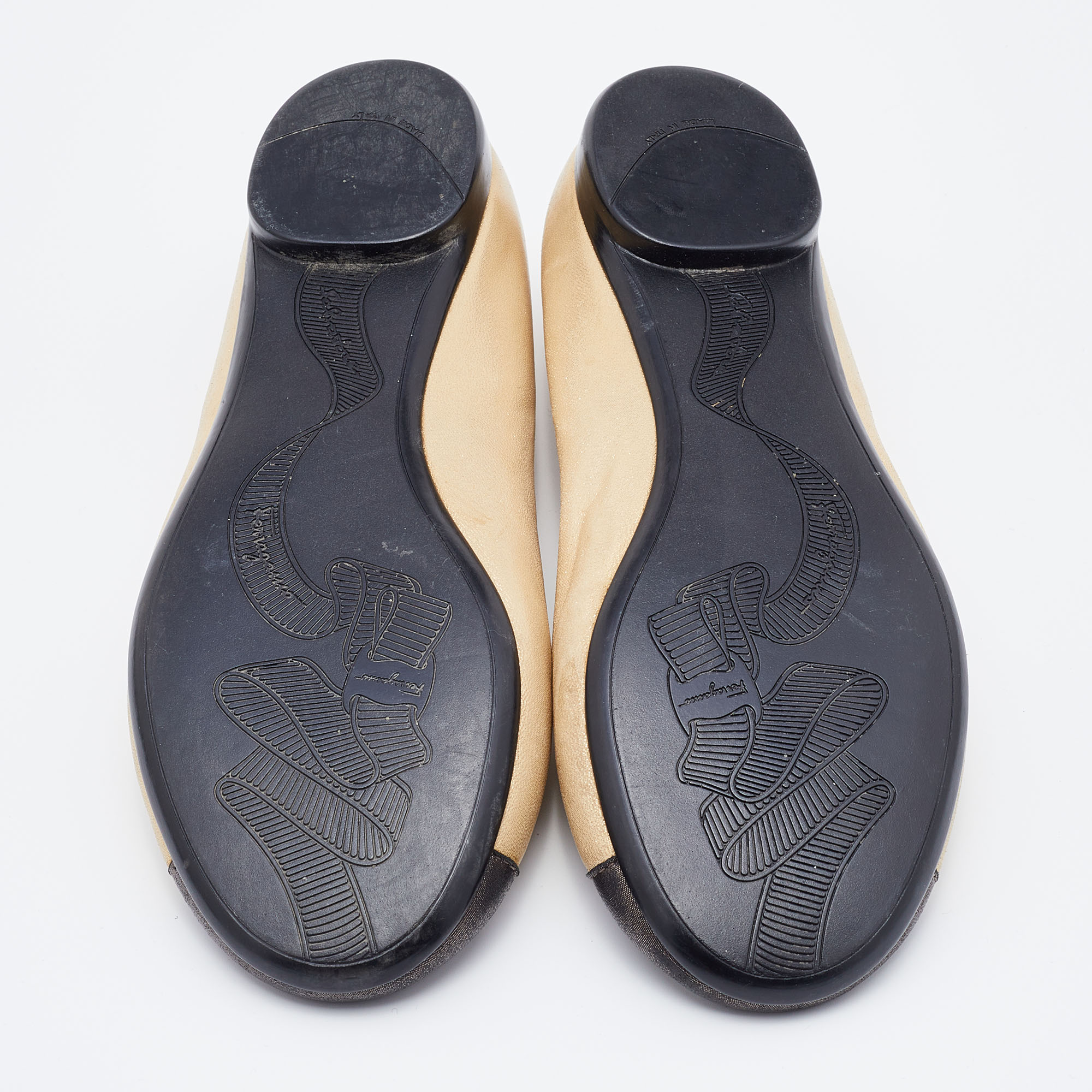 Salvatore Ferragamo Metallic Gold/Black Leather Cap Toe Metal Trim Ballet Flats Size 36