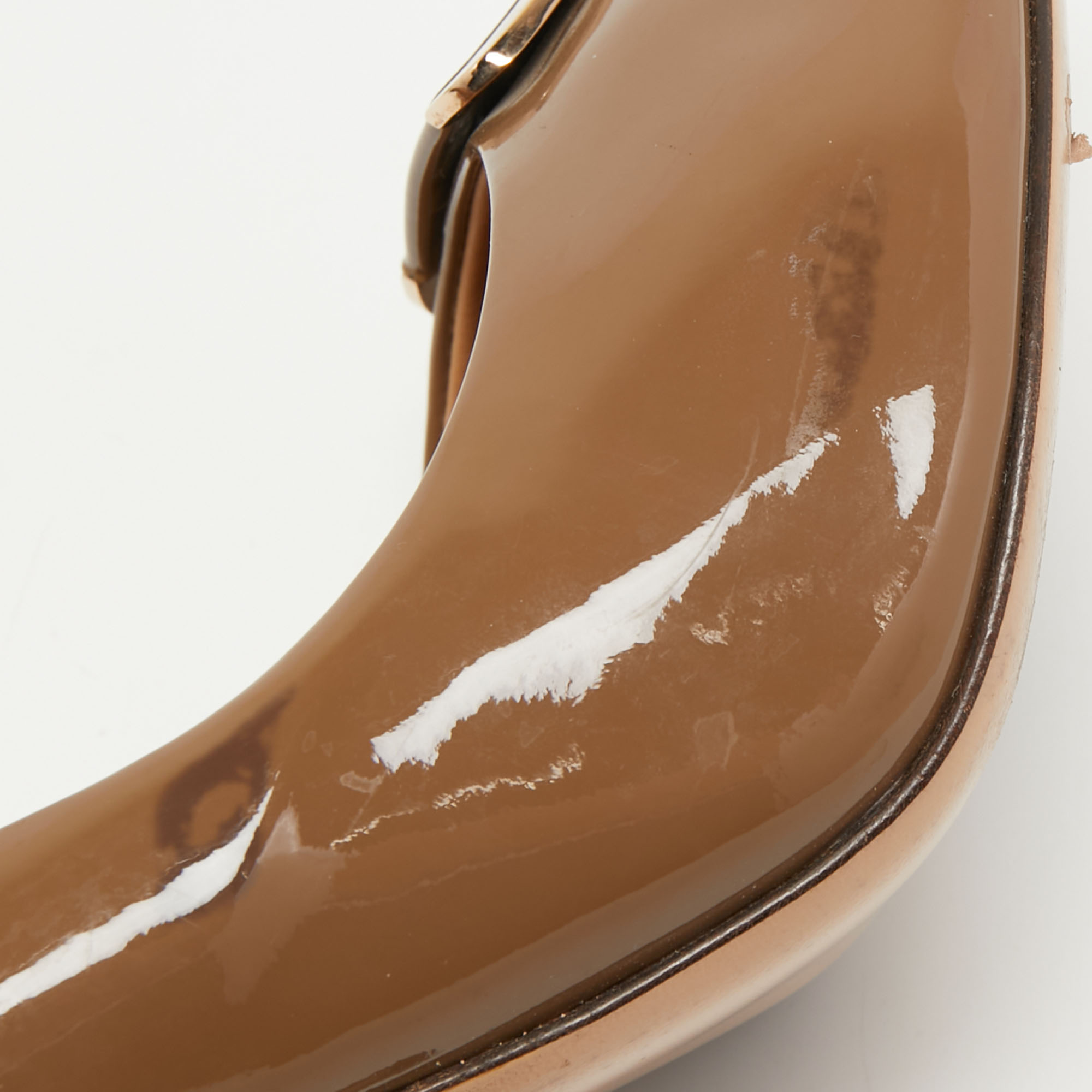Salvatore Ferragamo Brown Patent Leather Peep Toe Pumps Size 41