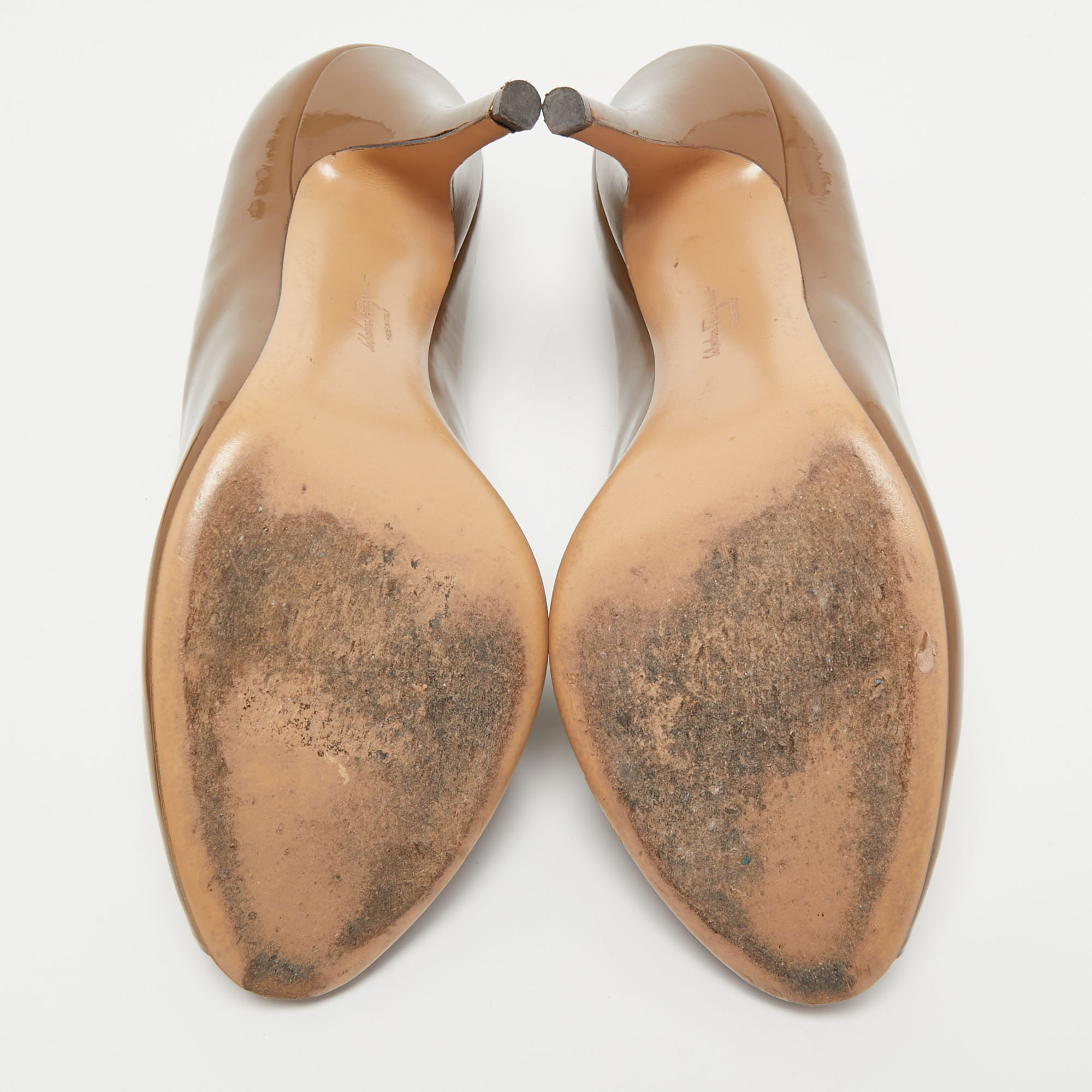 Salvatore Ferragamo Brown Patent Leather Peep Toe Pumps Size 41