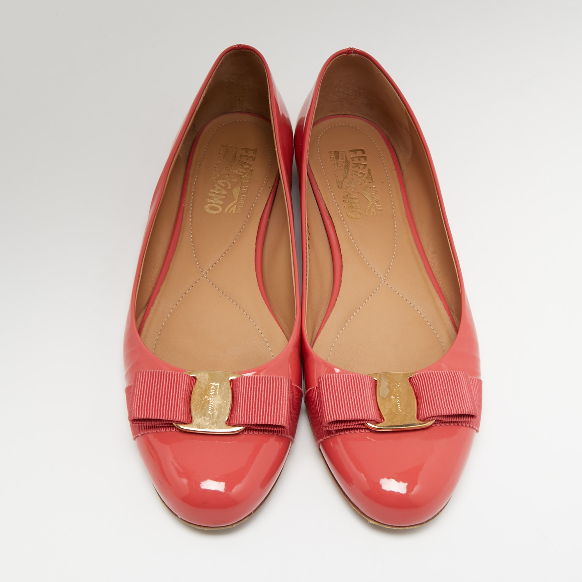 Salvatore Ferragamo Coral Pink Patent Leather Varina Ballet Flats Size 40