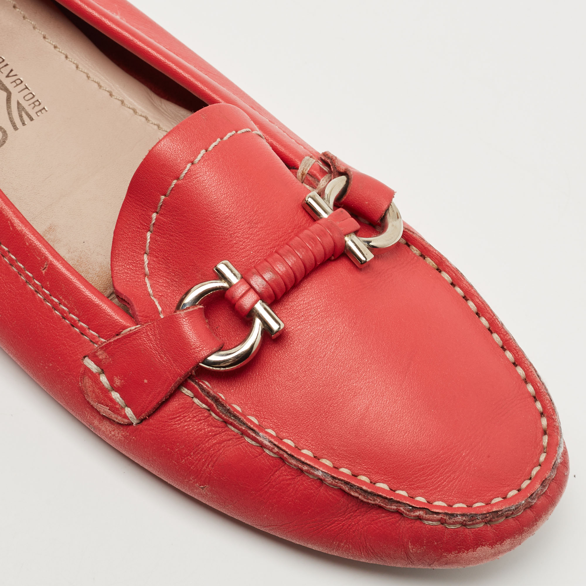 Salvatore Ferragamo Red Leather Gancini Slip On Loafers Size 37.5