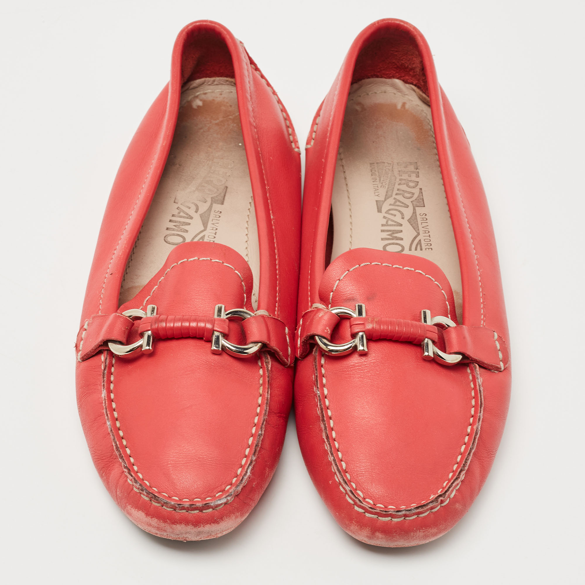 Salvatore Ferragamo Red Leather Gancini Slip On Loafers Size 37.5