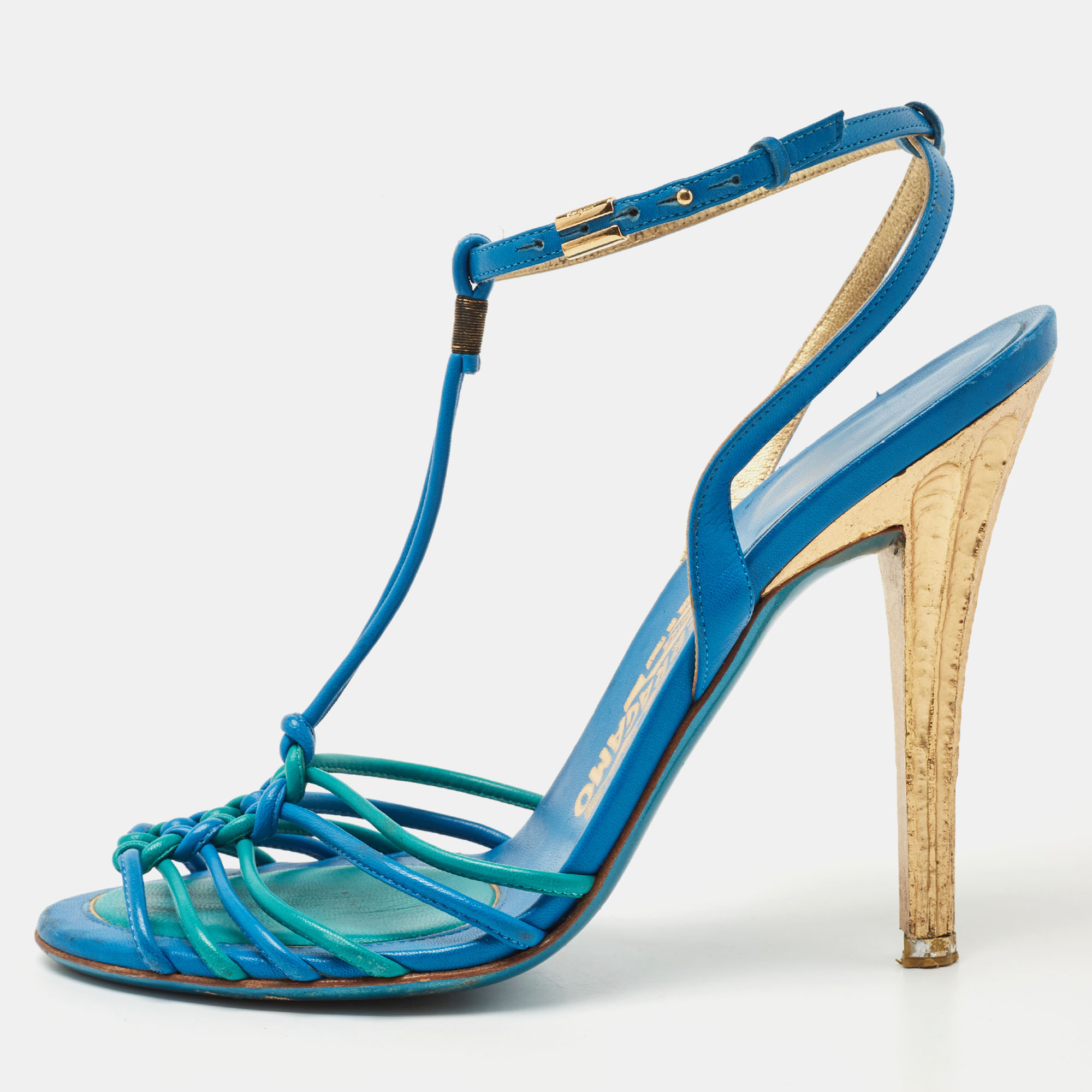 Salvatore Ferragamo Blue Leather Ankle Strap Sandals Size 38.5