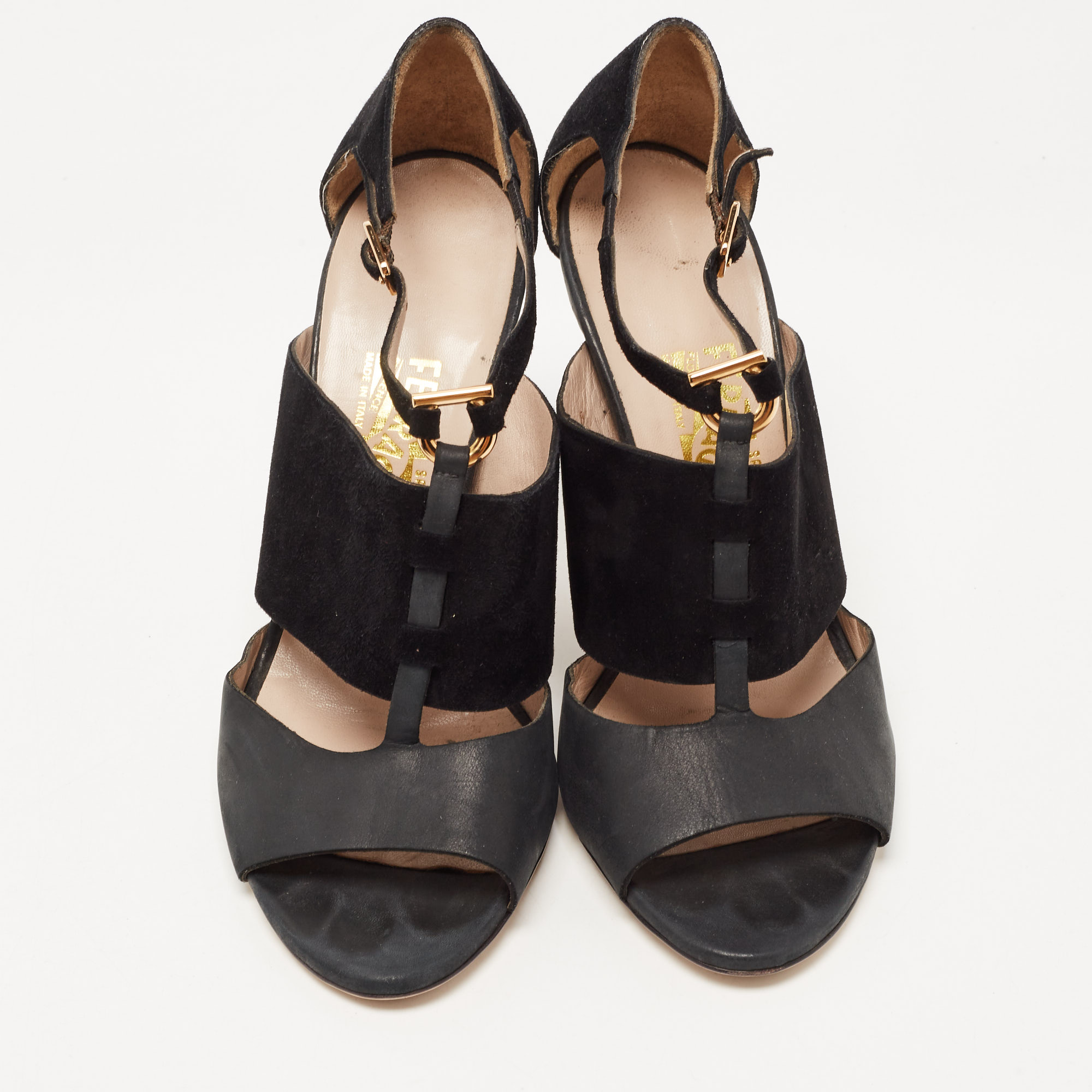 Salvatore Ferragamo Black Leather And Suede T Strap Platform Sandals Size 39.5
