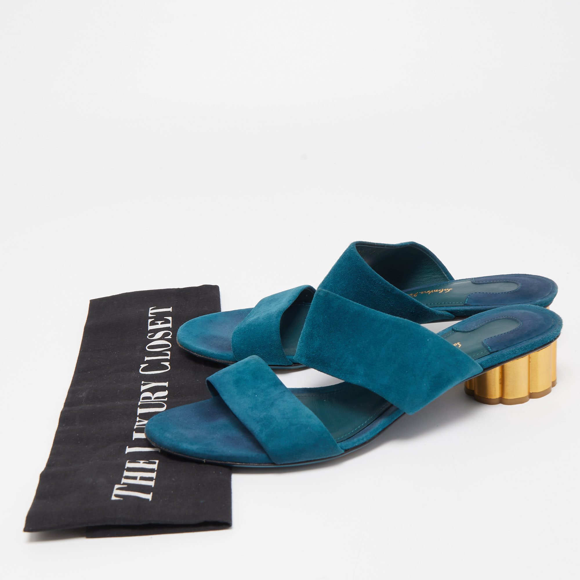 Salvatore Ferragamo Teal Suede Belluno Slide Sandals Size 37.5