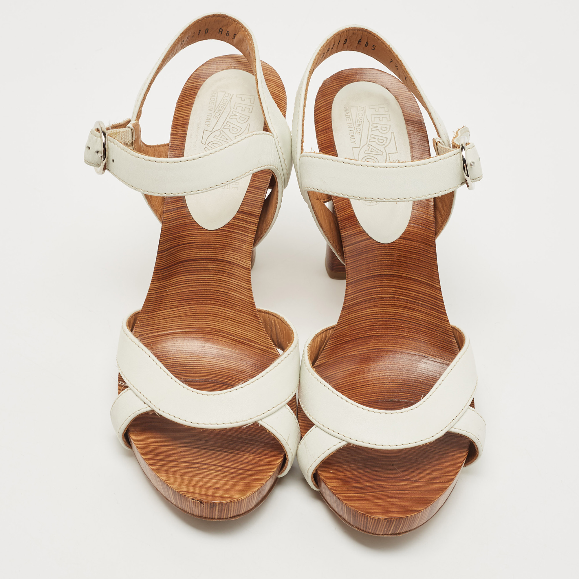 Salvatore Ferragamo White Leather Platform Ankle Strap Sandals Size 38