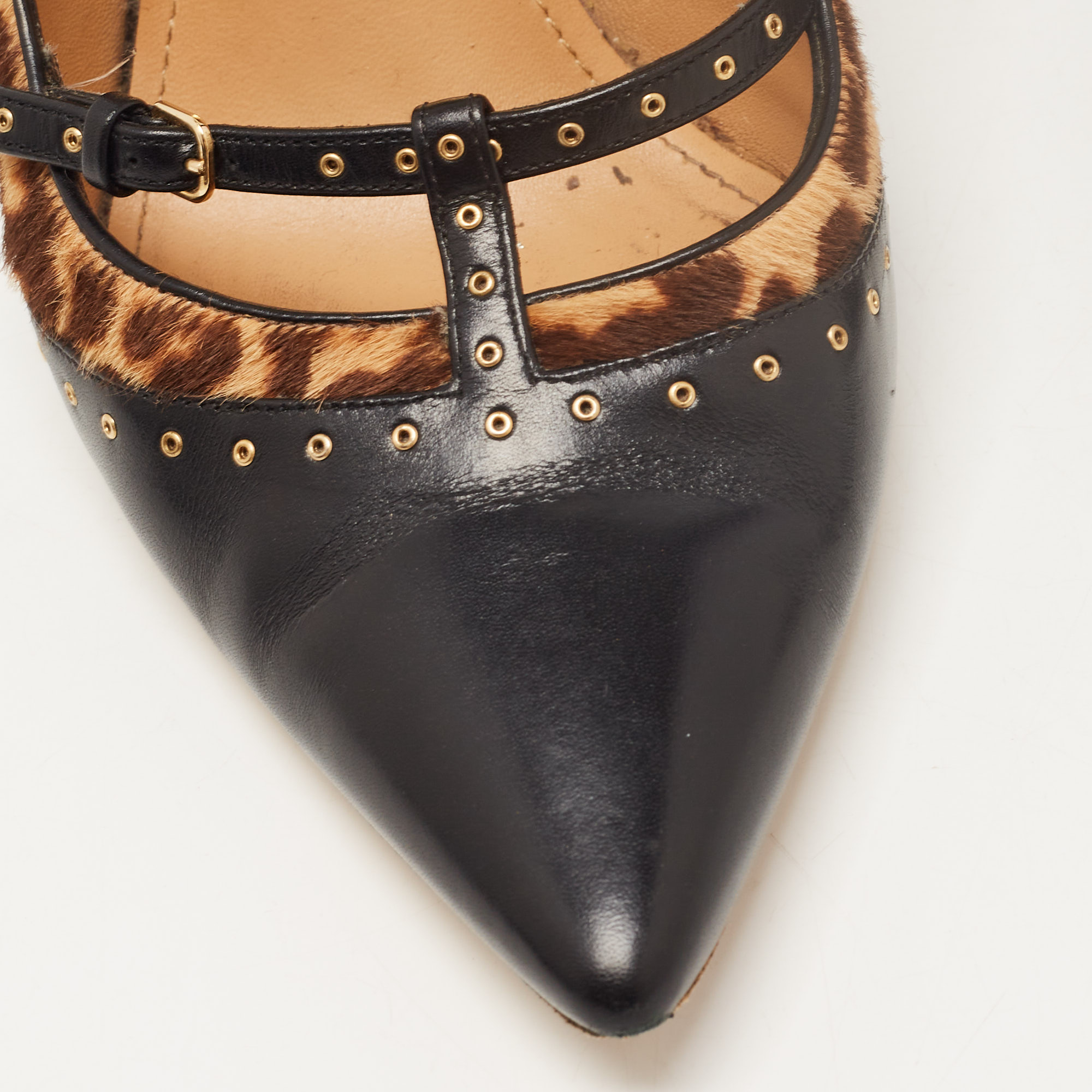Salvatore Ferragamo Tricolor Leather And Leopard Print Calf Hair Lienna Studded Pumps Size 38.5