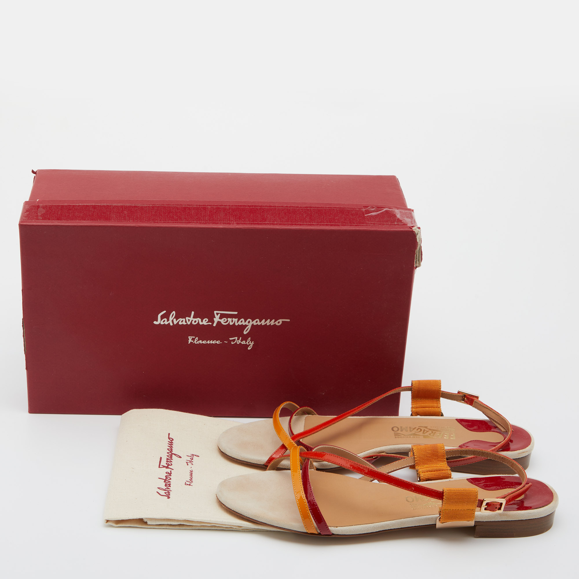 Salvatore Ferragamo Multicolor Patent Leather Strappy Slingback Flat Sandals Size 38.5