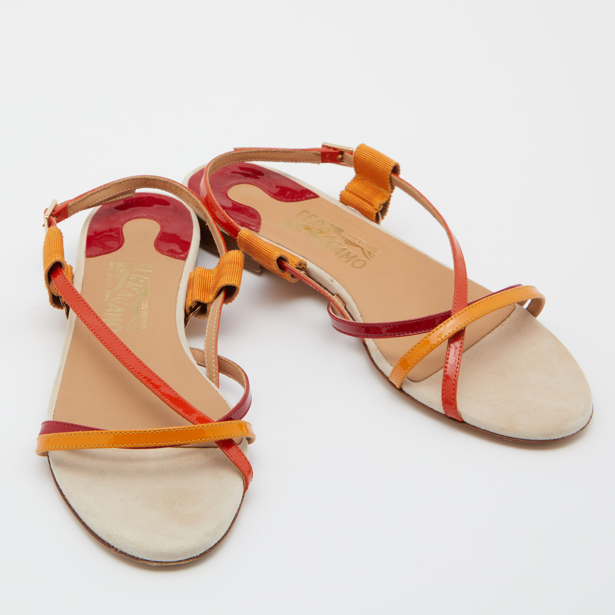 Salvatore Ferragamo Multicolor Patent Leather Strappy Slingback Flat Sandals Size 38.5