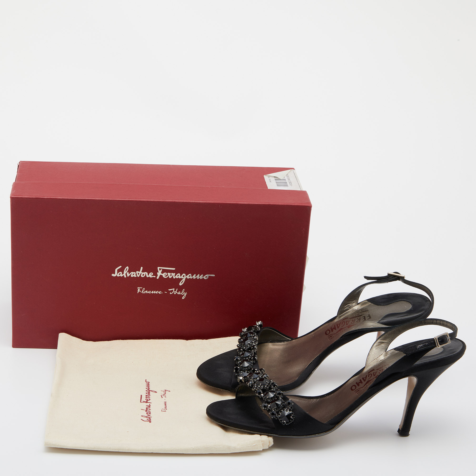 Salvatore Ferragamo Black Satin Crystal Embellished Ankle Strap Sandals Size 40
