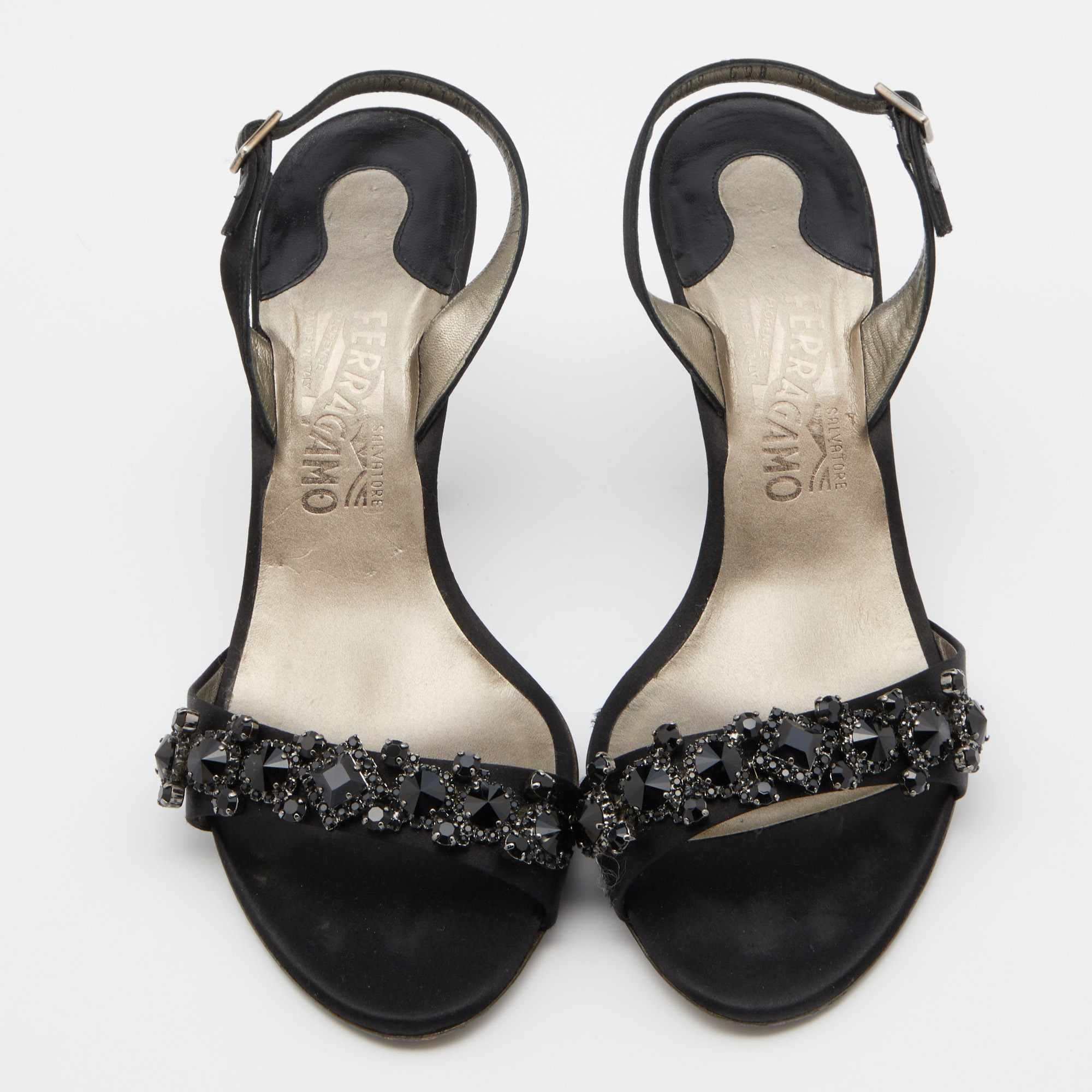 Salvatore Ferragamo Black Satin Crystal Embellished Ankle Strap Sandals Size 40