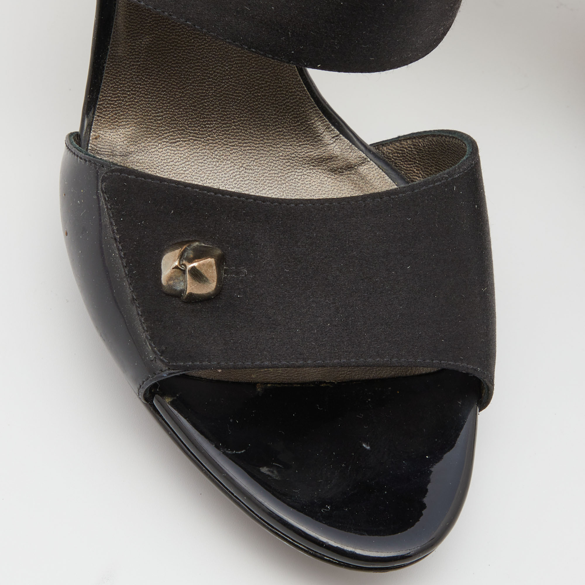 Salvatore Ferragamo Black Satin And Patent Leather Slingback Sandals Size 38