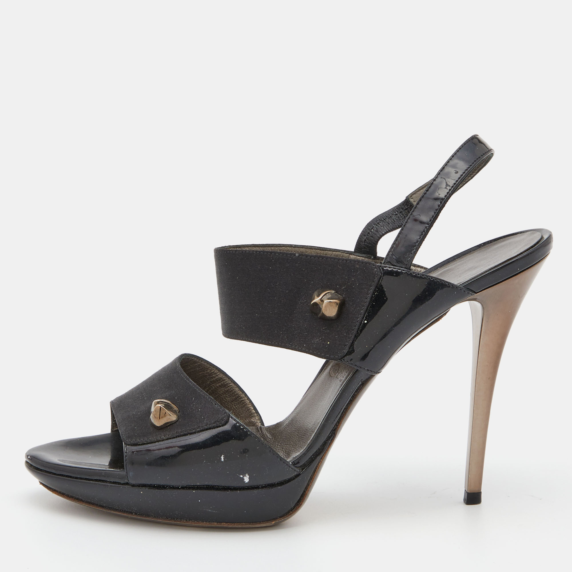 Salvatore ferragamo black satin and patent leather slingback sandals size 38