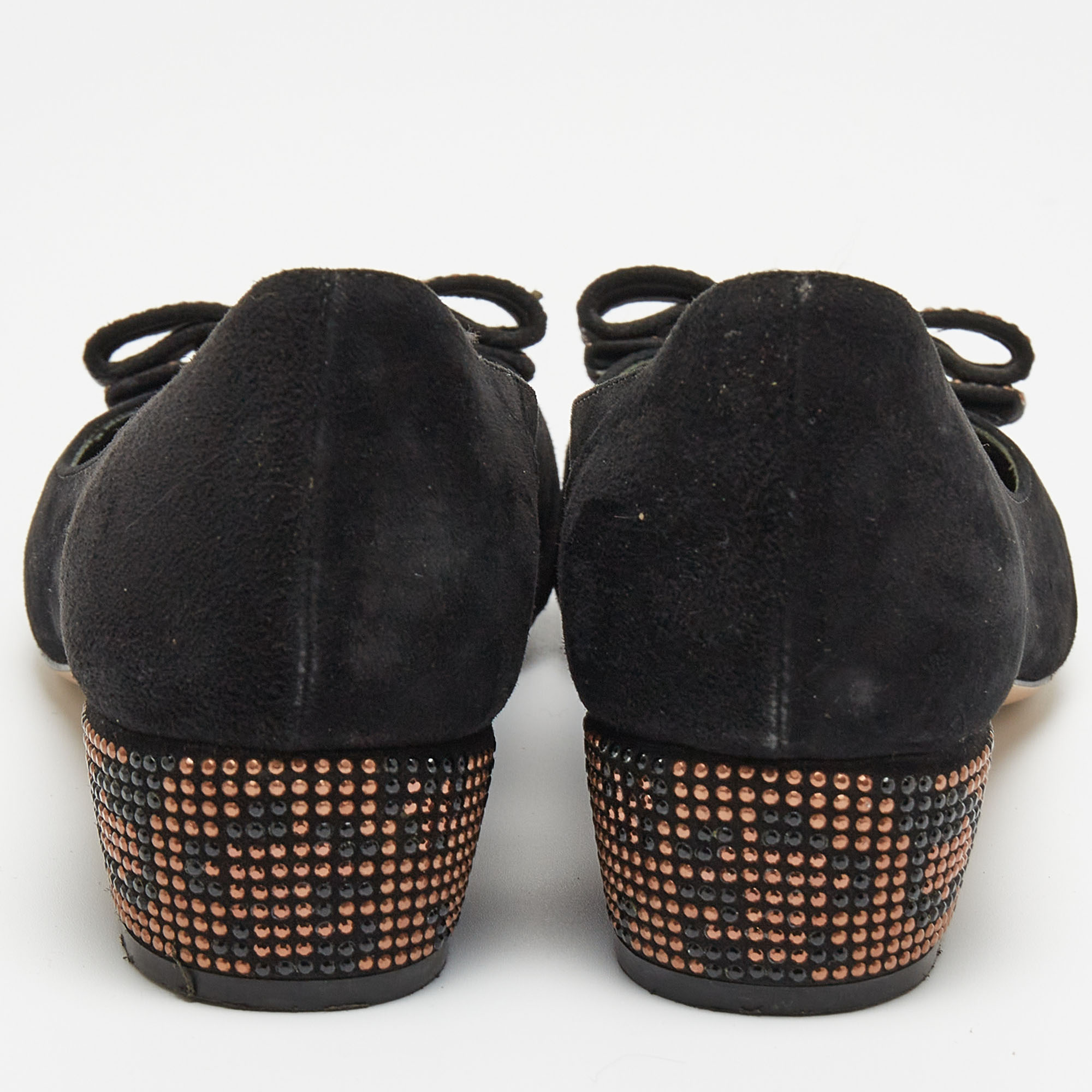 Salvatore Ferragamo Black Suede Vara Bow Studded Block Heel Pumps Size 35