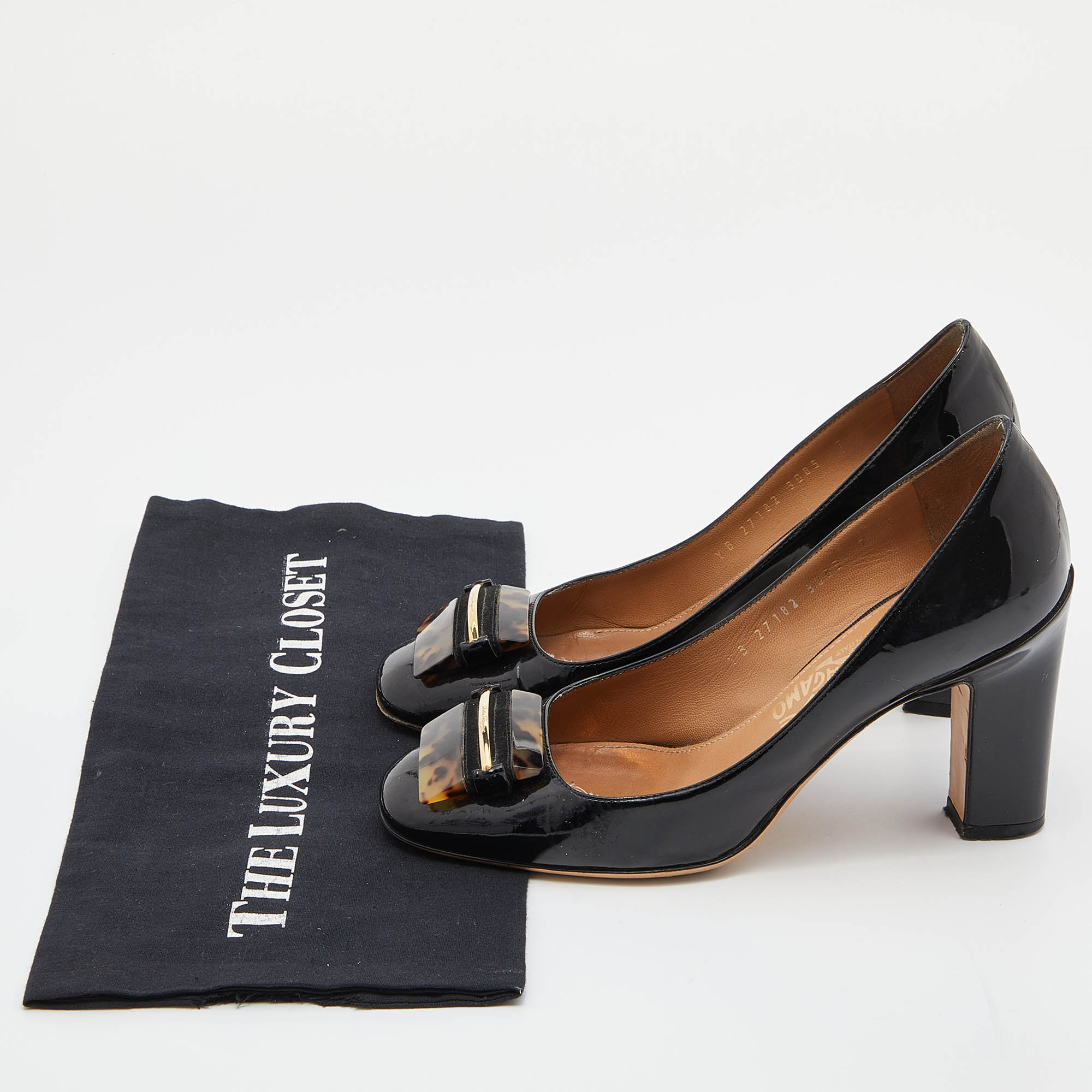 Salvatore Ferragamo Black Patent Leather Block Heel Pumps Size 37.5