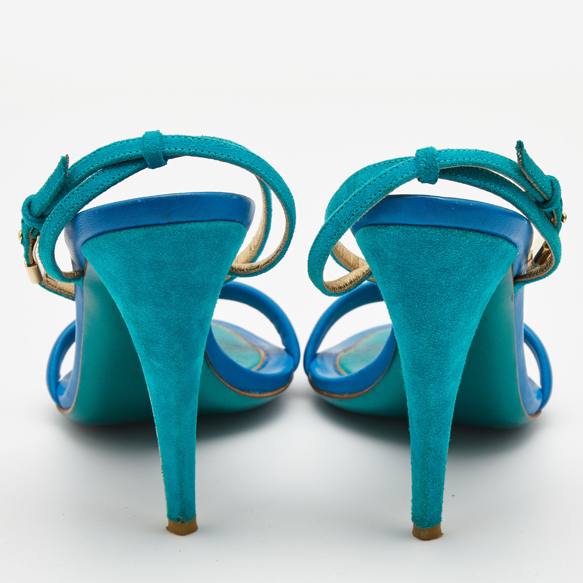 Salvatore Ferragamo Blue/Green Leather And Suede Ankle Strap Sandals Size 37.5