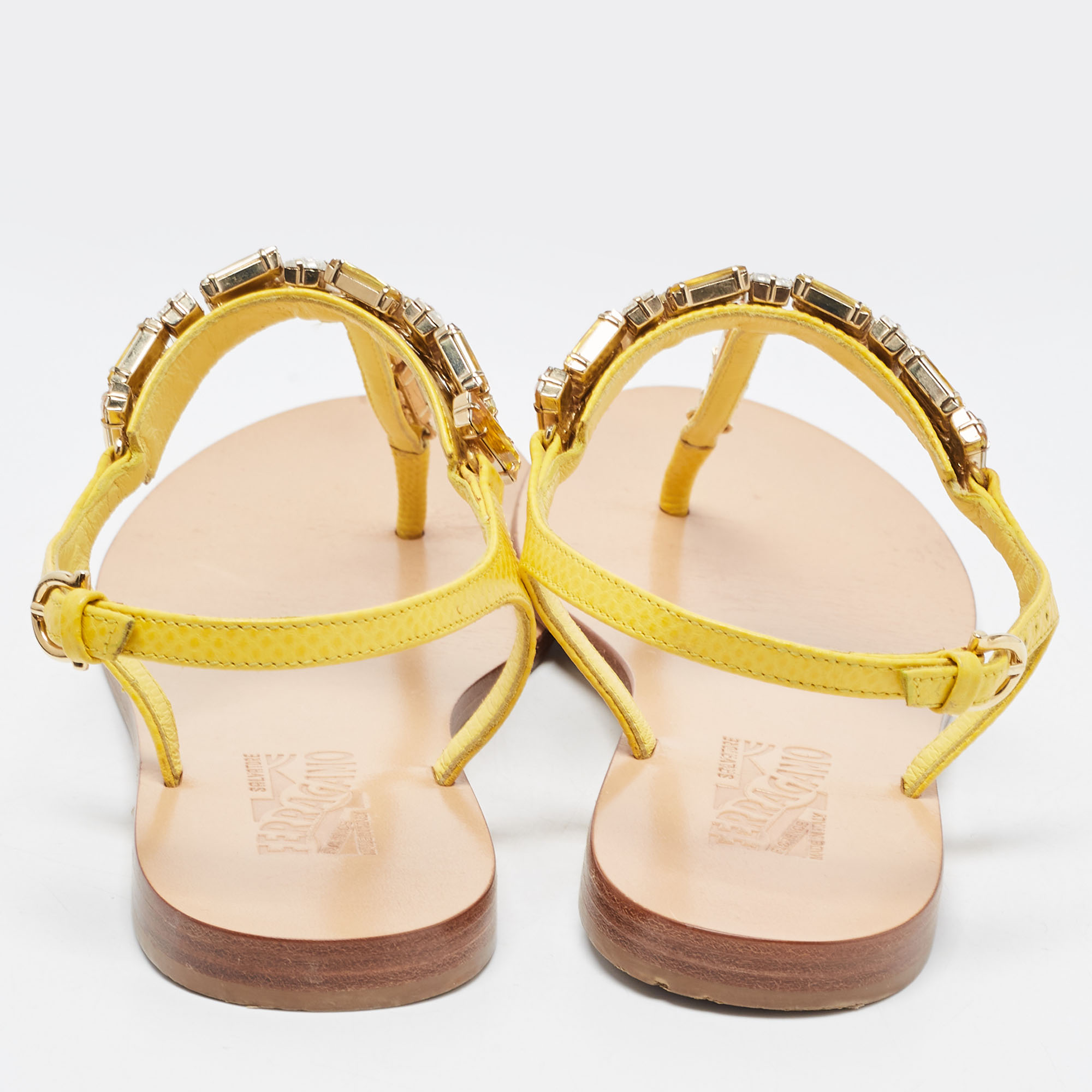 Salvatore Ferragamo Yellow Leather Crystal Embellished T Strap Flats Size 37.5