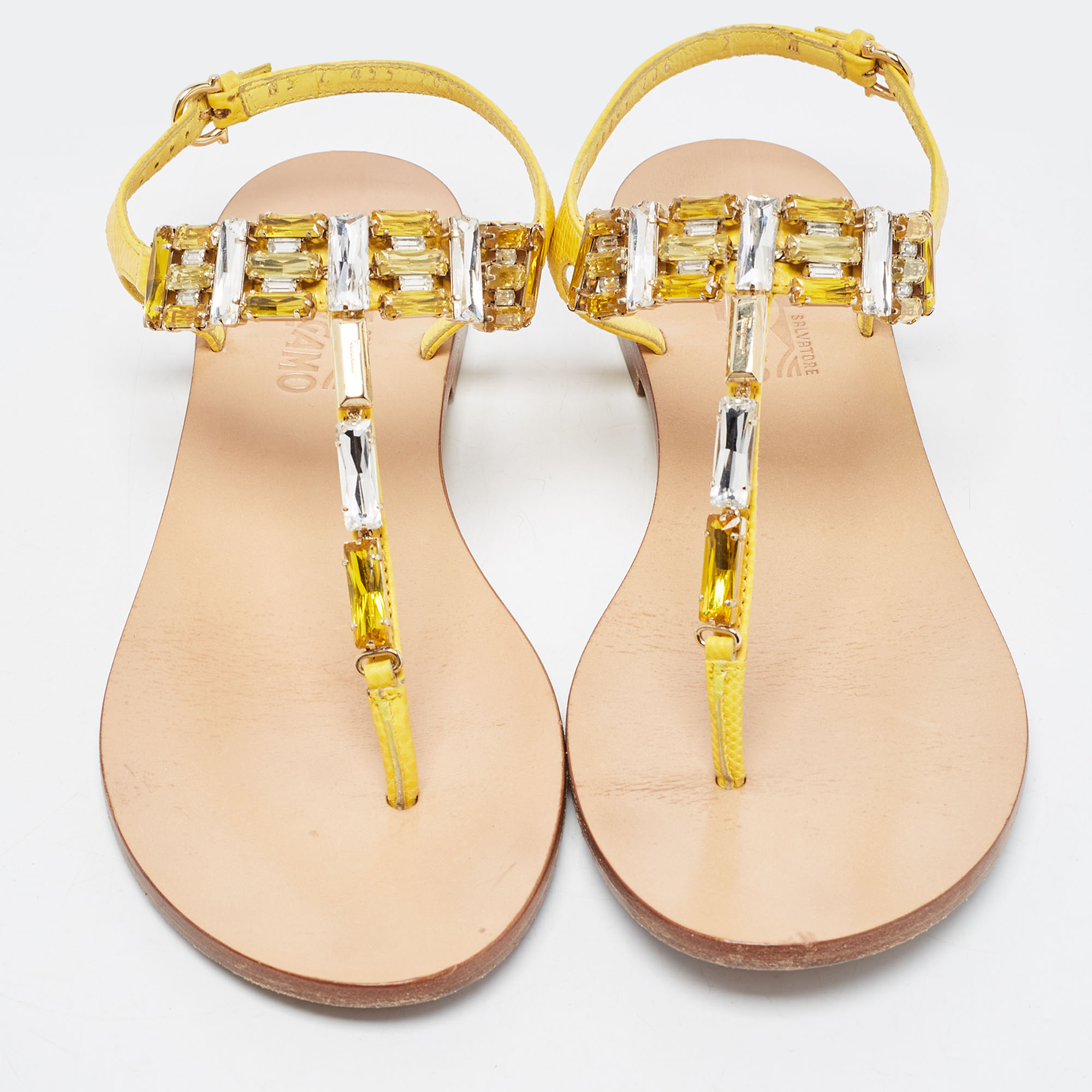 Salvatore Ferragamo Yellow Leather Crystal Embellished T Strap Flats Size 37.5