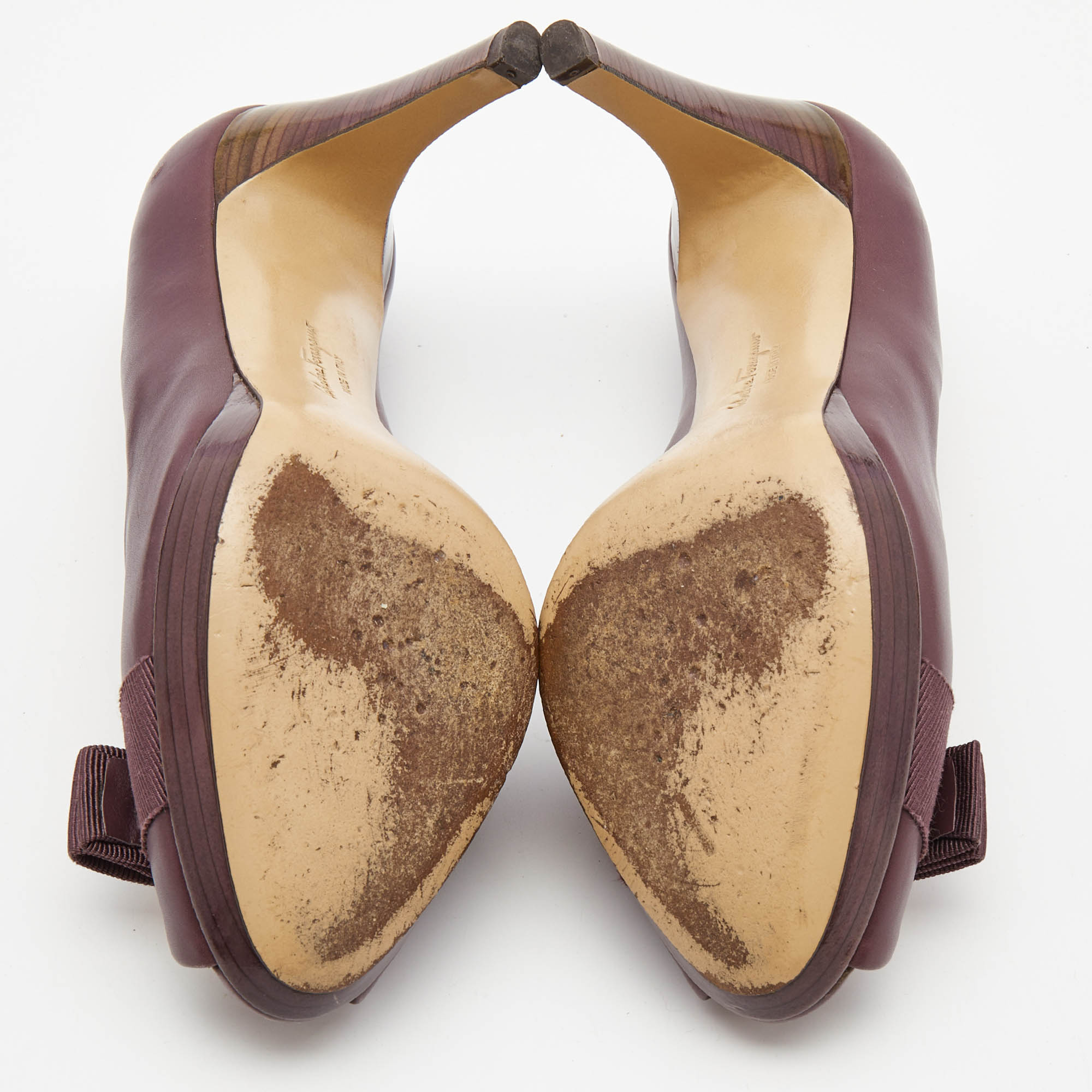 Salvatore Ferragamo Purple Leather Vara Bow Peep Toe Platform Pumps Size 37