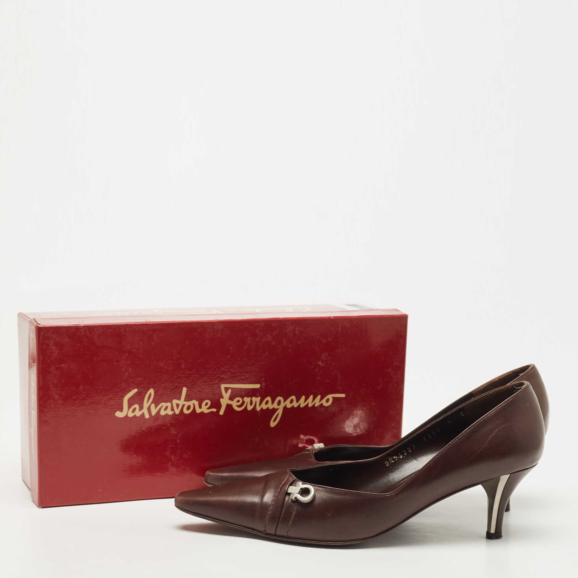 Salvatore Ferragamo Brown Leather Gancio Pointed Toe Pumps Size 39.5