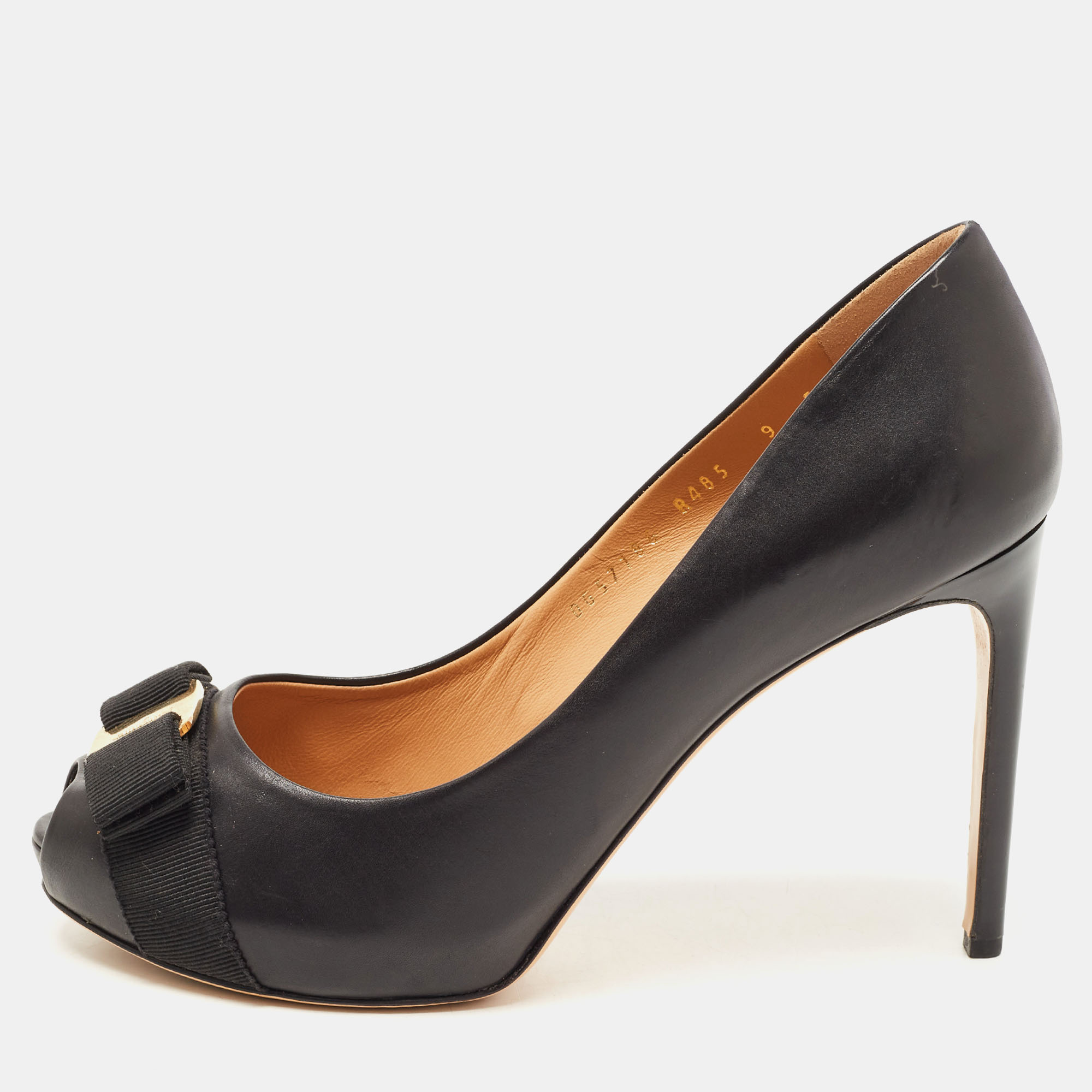 Salvatore Ferragamo Black Leather Vara Bow Peep Toe Pumps Size 39.5