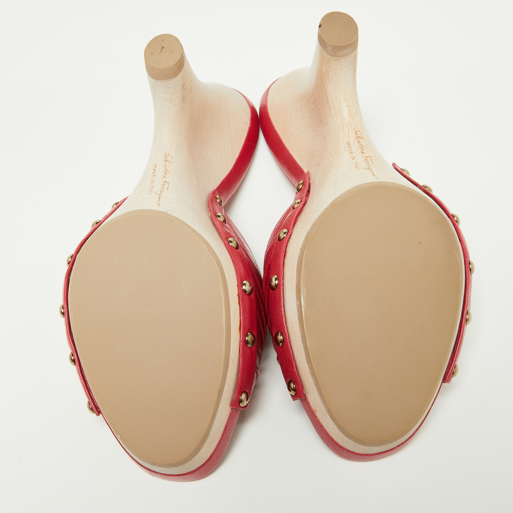 Salvatore Ferragamo Red Leather Wedge Slide Sandals Size 39.5
