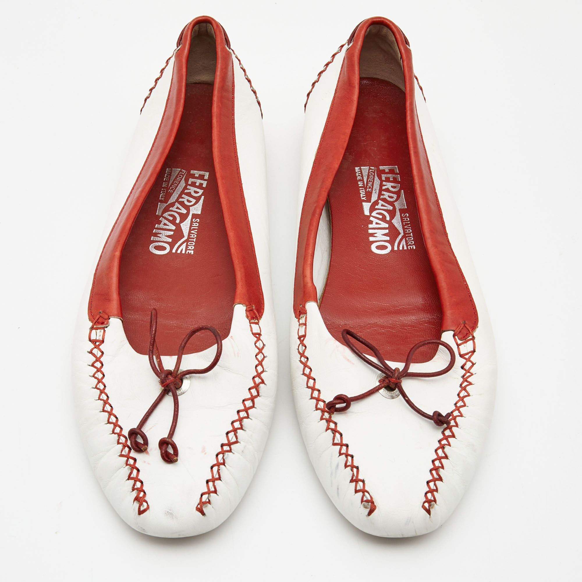 Salvatore Ferragamo White/Red Leather Bow Ballet Flats Size 39.5