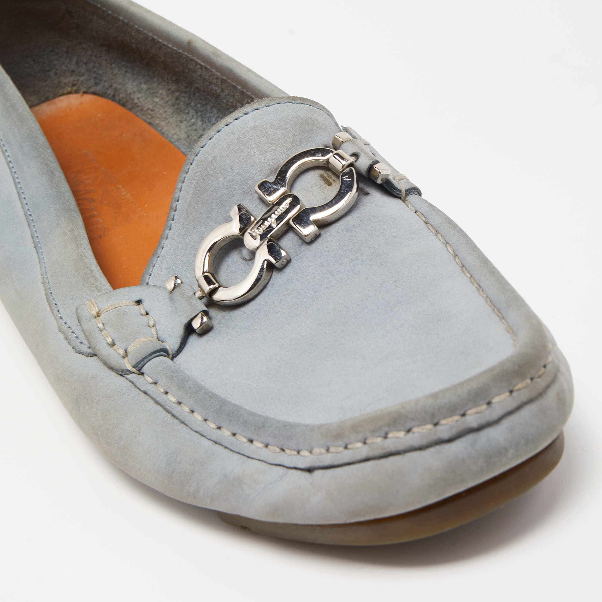Salvatore Ferragamo Grey Nubuck Leather Gancini Bit Loafers Size 39.5