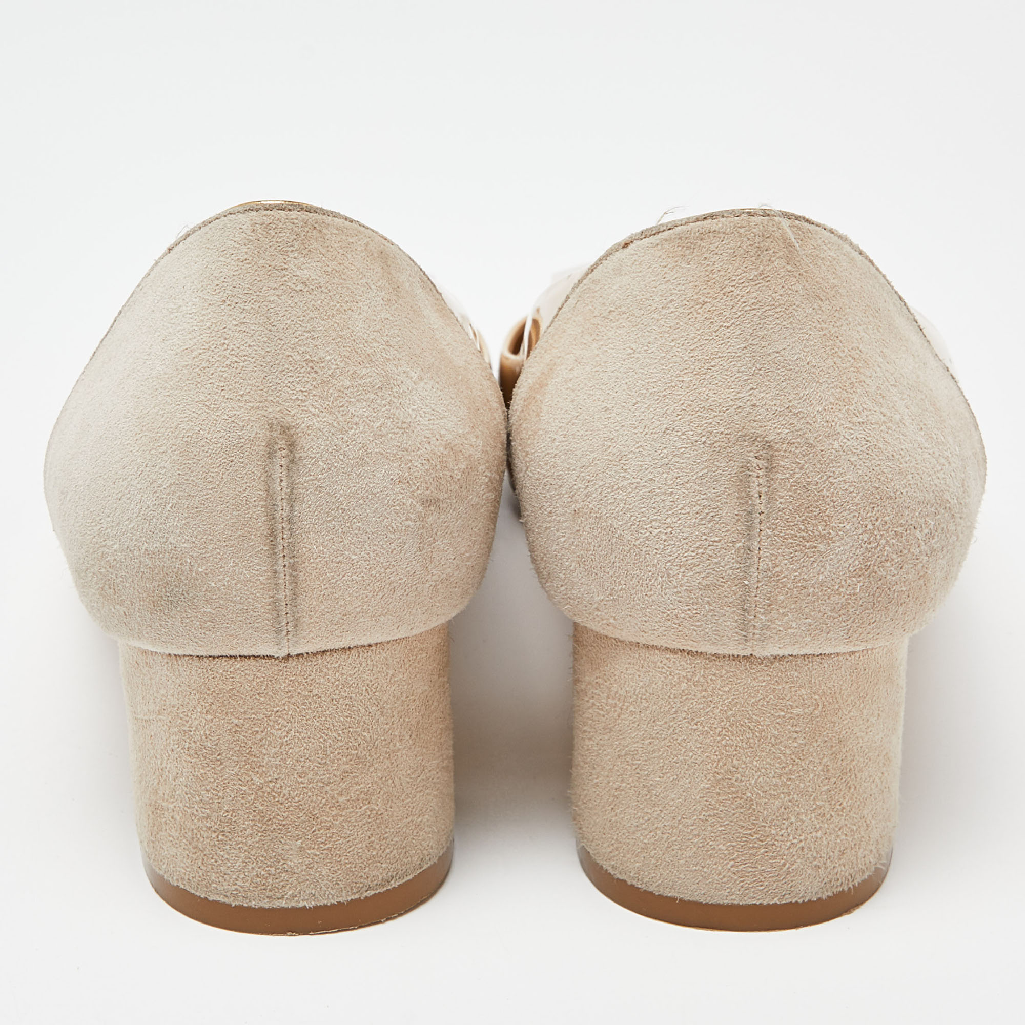Salvatore Ferragamo Beige Patent Leather And Suede Block Heel Bow Pumps Size 40.5