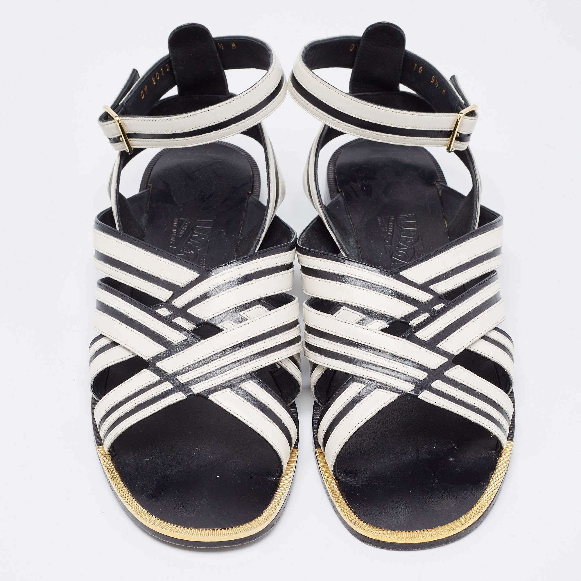 Salvatore Ferragamo Black/White Leather Ankle Strap Sandals Size 40