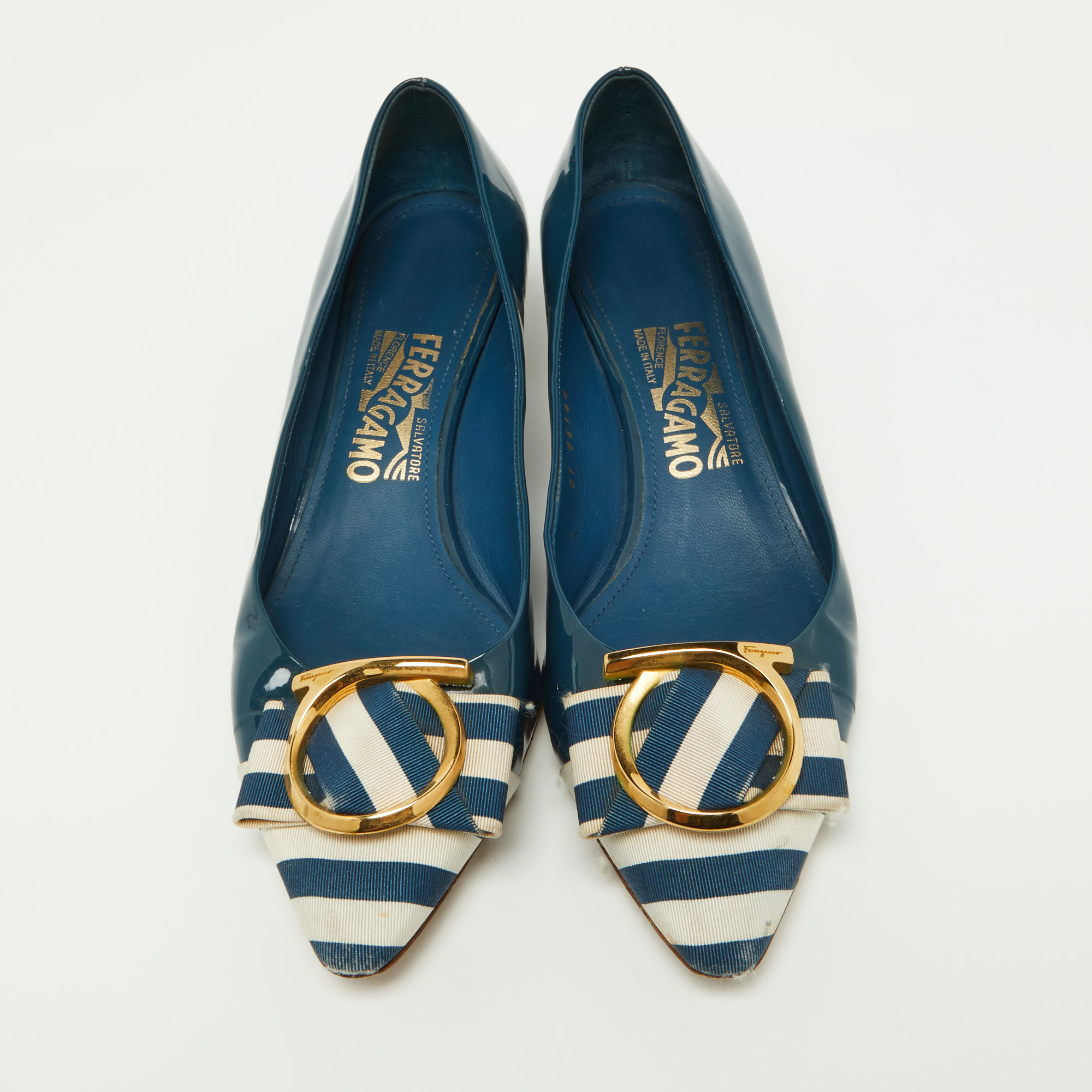 Salvatore Ferragamo Blue Patent Leather And Fabric Fele Gancio Pointed Ballet Flat Size 39