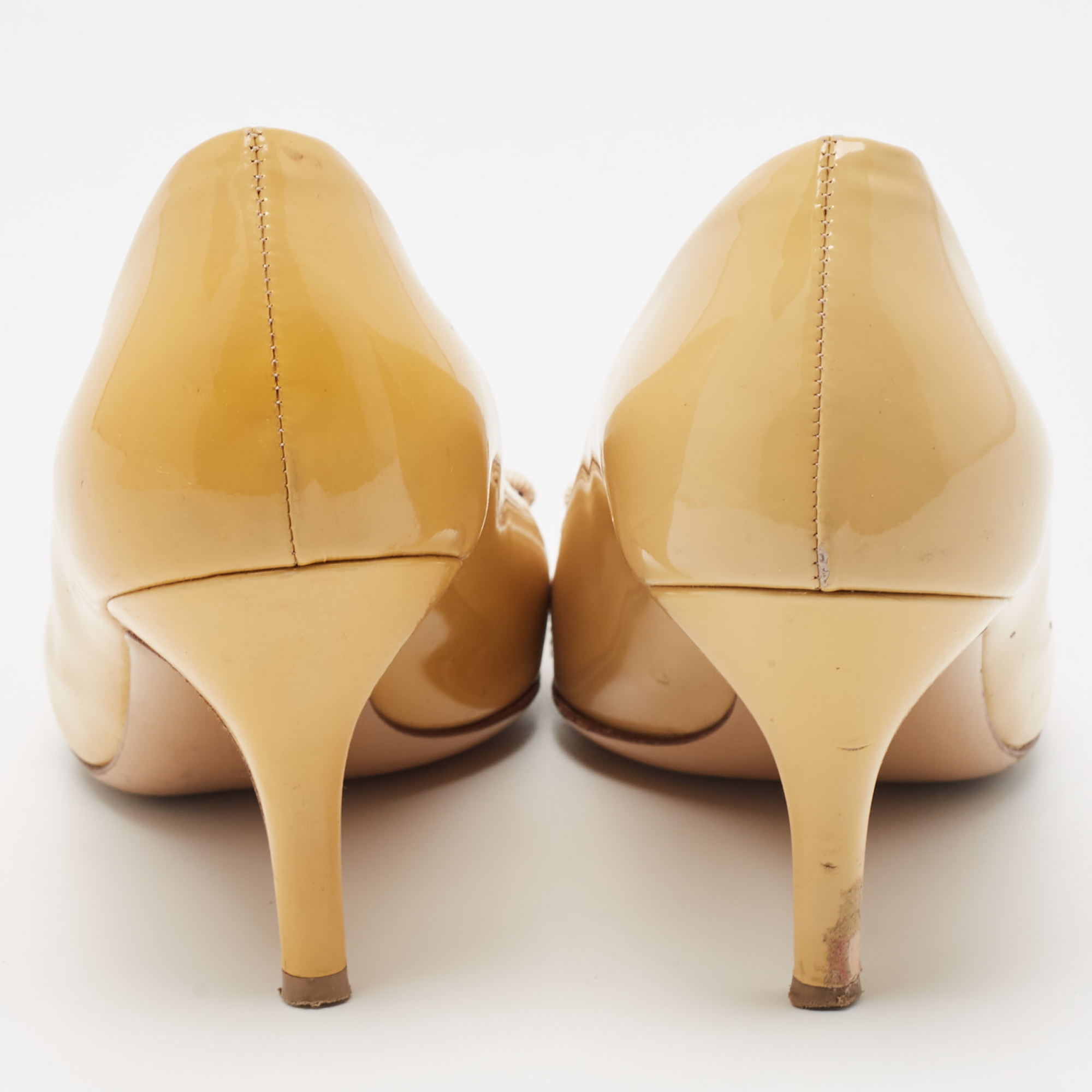Salvatore Ferragamo Beige Patent Leather Vara Bow Block Heel Pumps Size 36.5