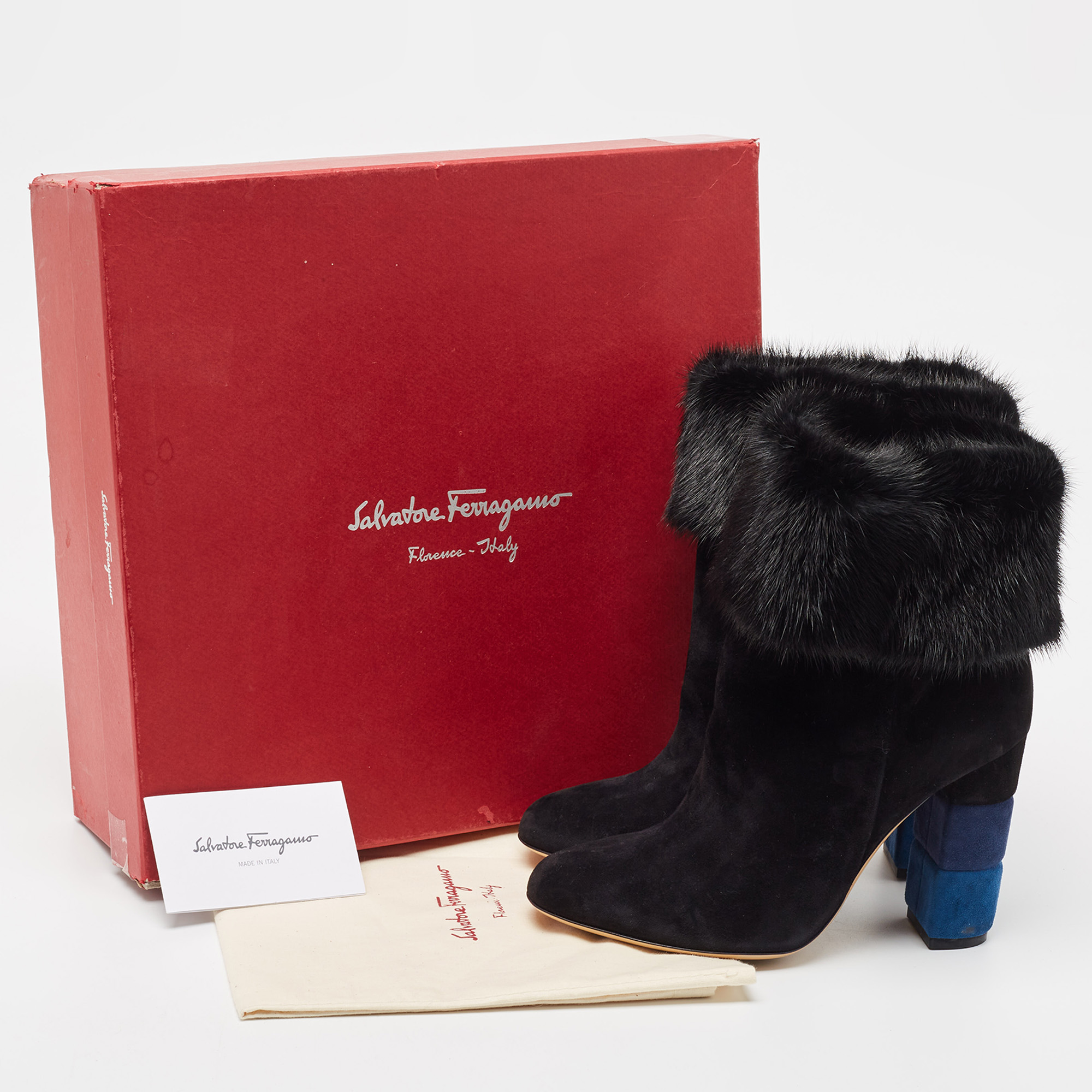 Salvatore Ferragamo Black Suede And Fur Loris Ankle Boots Size 37.5