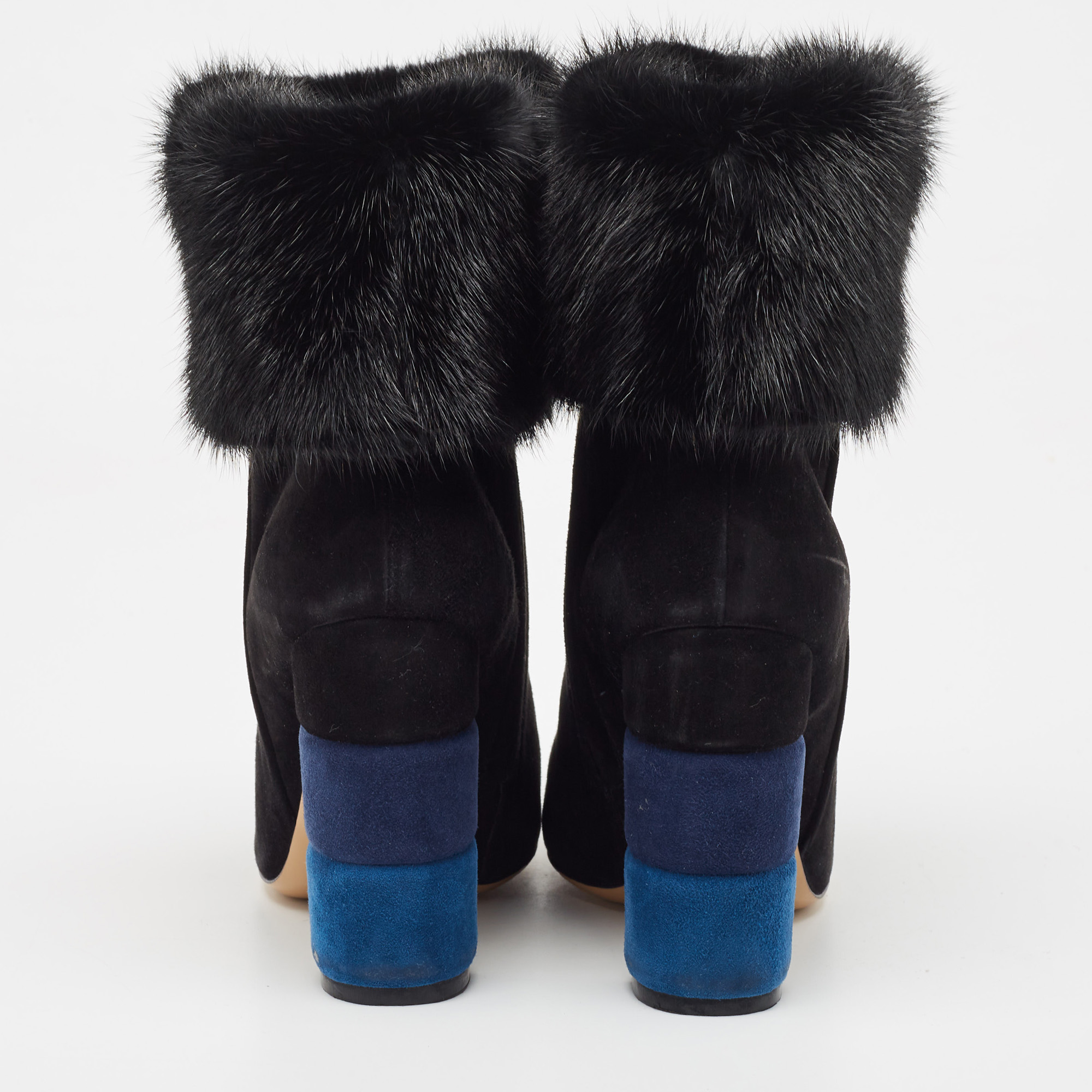 Salvatore Ferragamo Black Suede And Fur Loris Ankle Boots Size 37.5