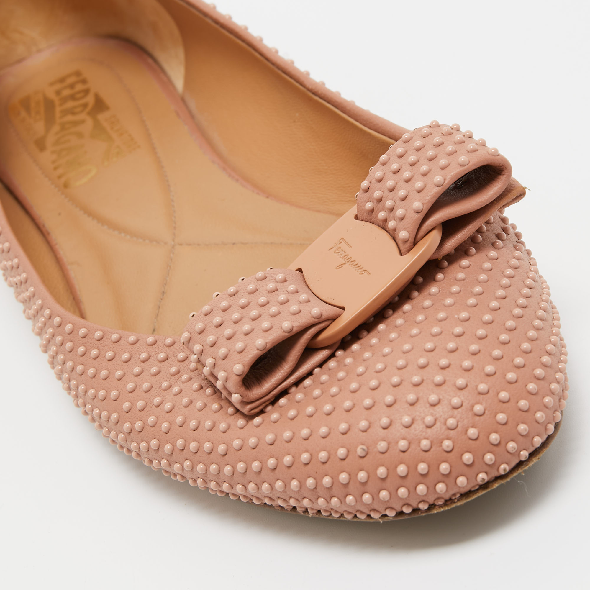 Salvatore Ferragamo Pink Studded Leather Varina Ballet Flats Size 37.5