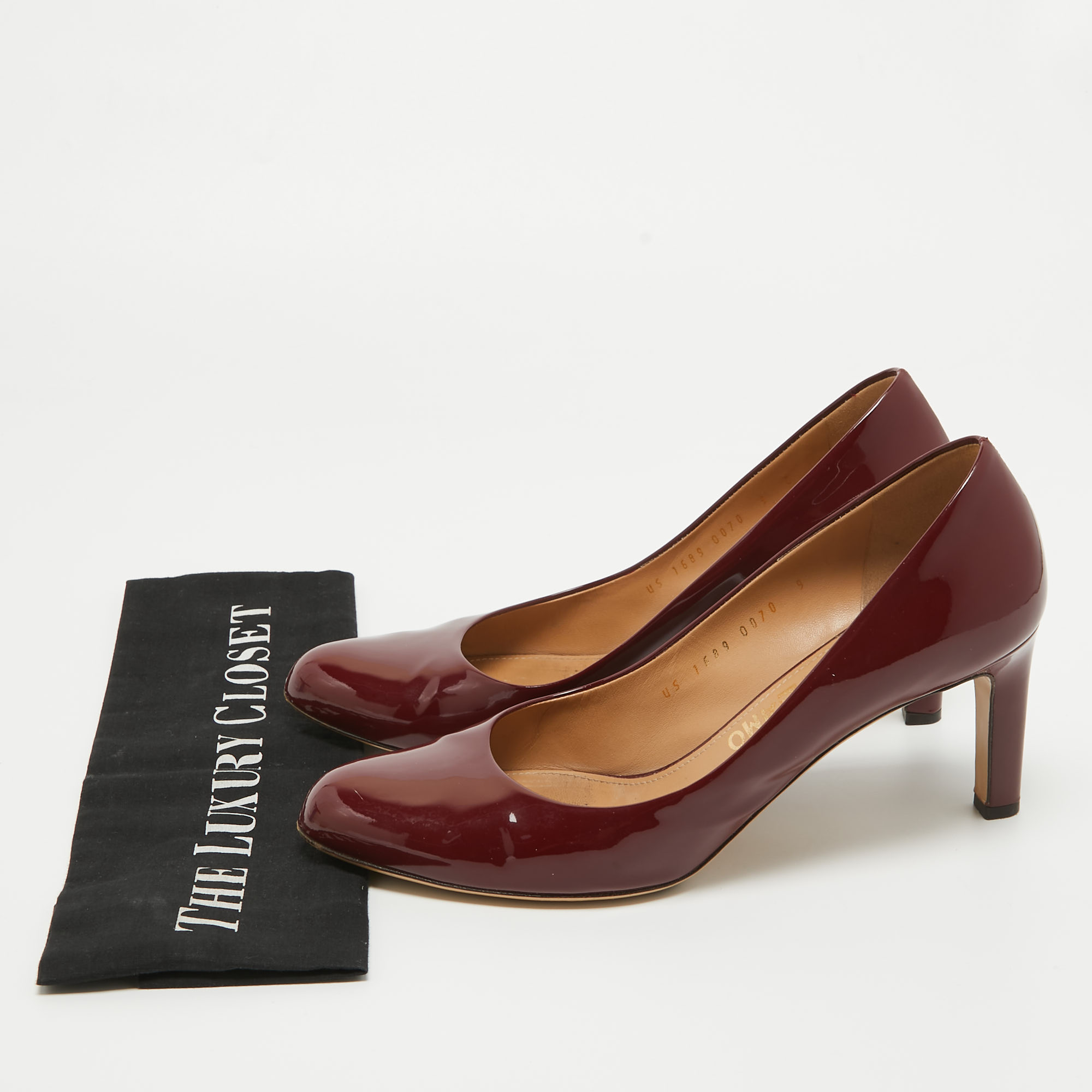 Salvatore Ferragamo Burgundy Patent Leather Round Toe Pumps Size 39.5