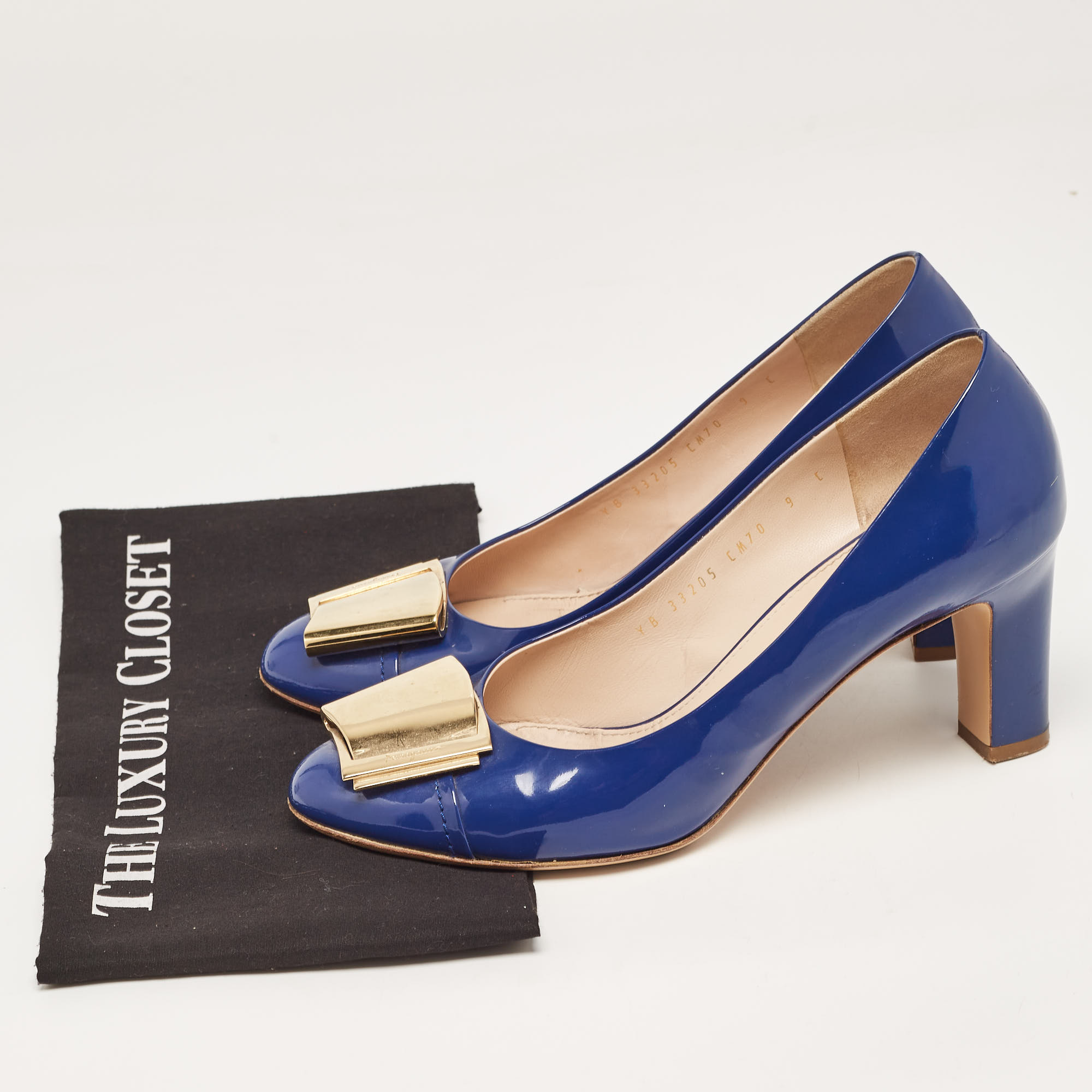 Salvatore Ferragamo Blue Patent Leather Block Heel Pumps Size 39.5