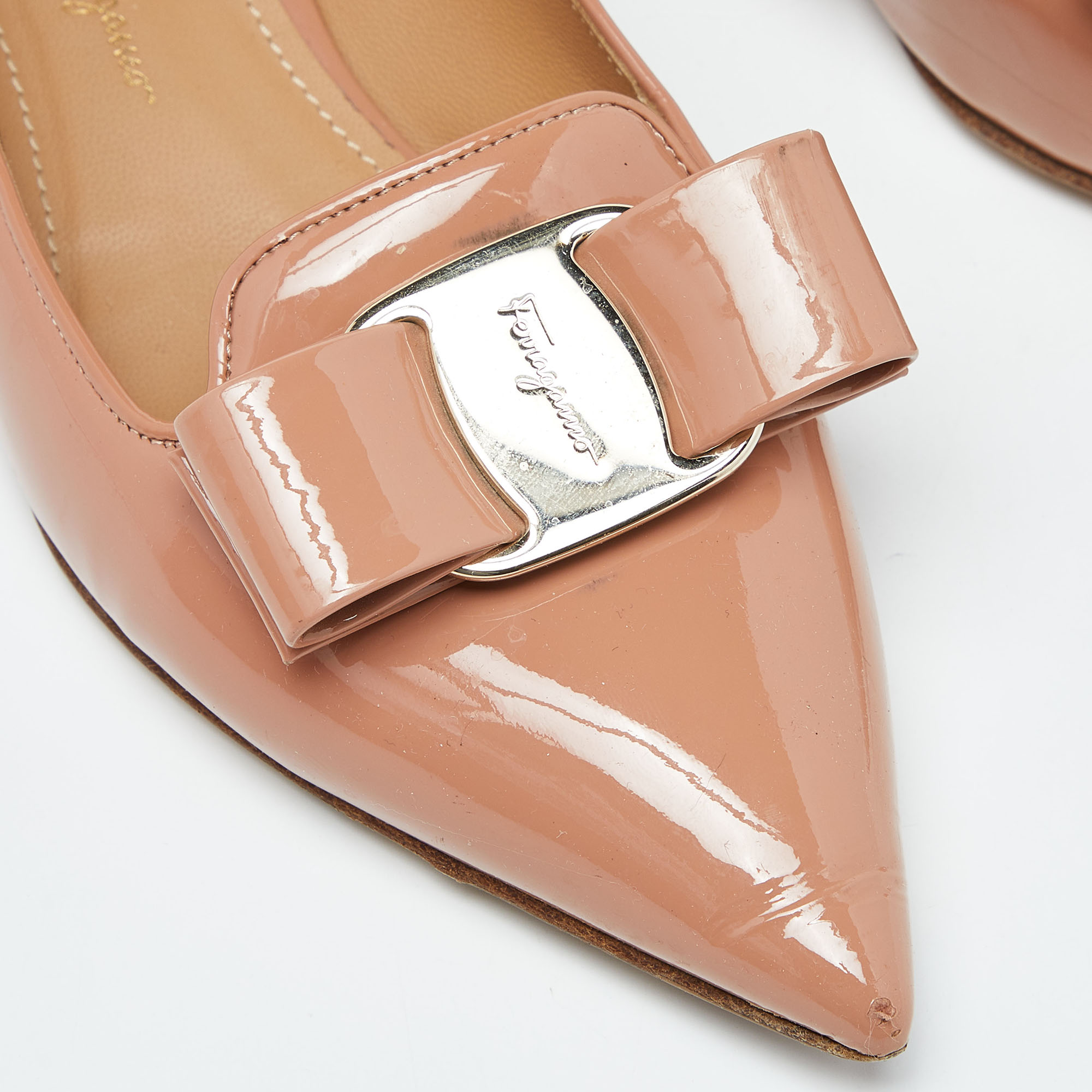 Salvatore Ferragamo Peach Patent Leather Zeri Pointed Toe Ballet Flats Size 37.5
