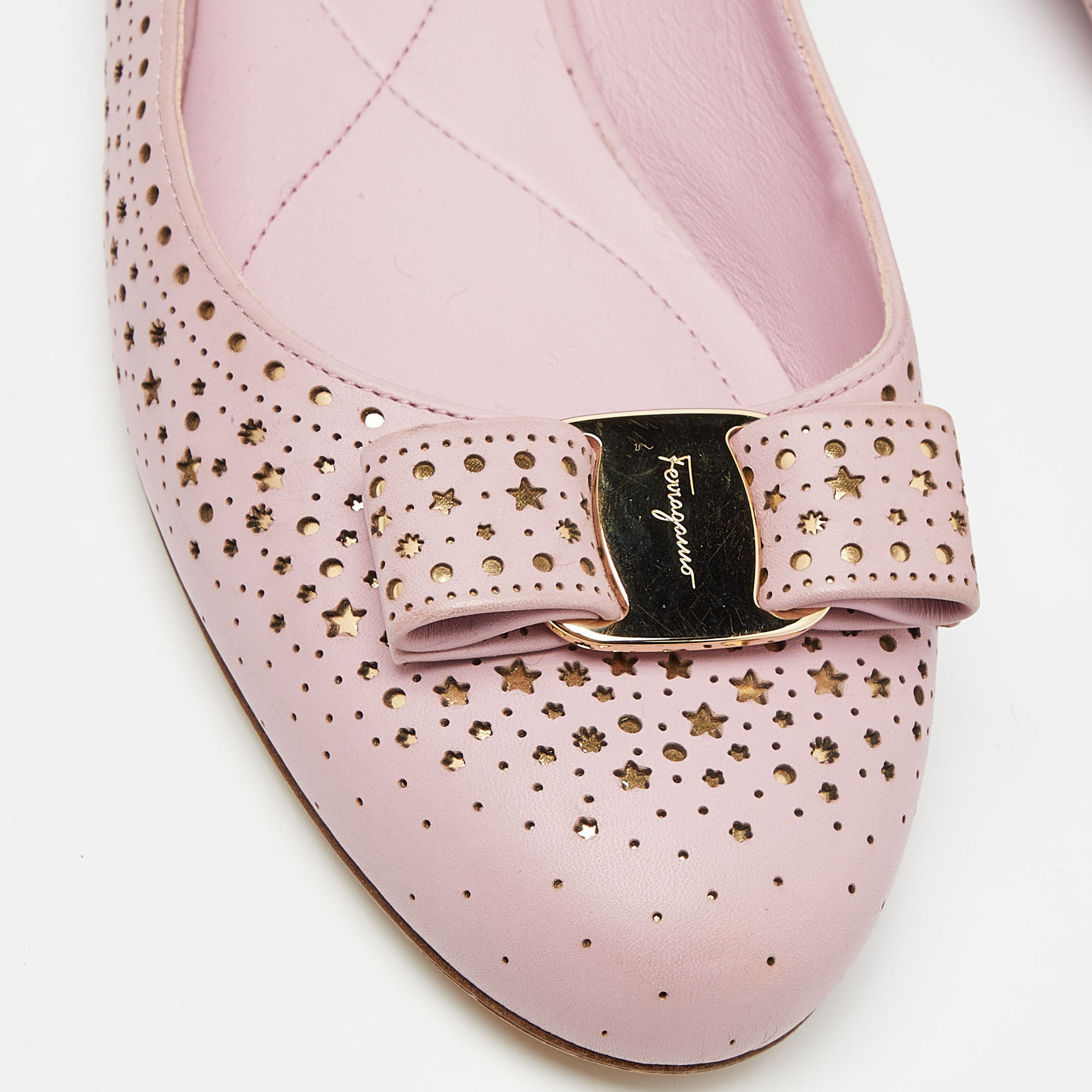 Salvatore Ferrgamo Pink Laser Cut Leather Vara Bow Ballet Flat Size 40