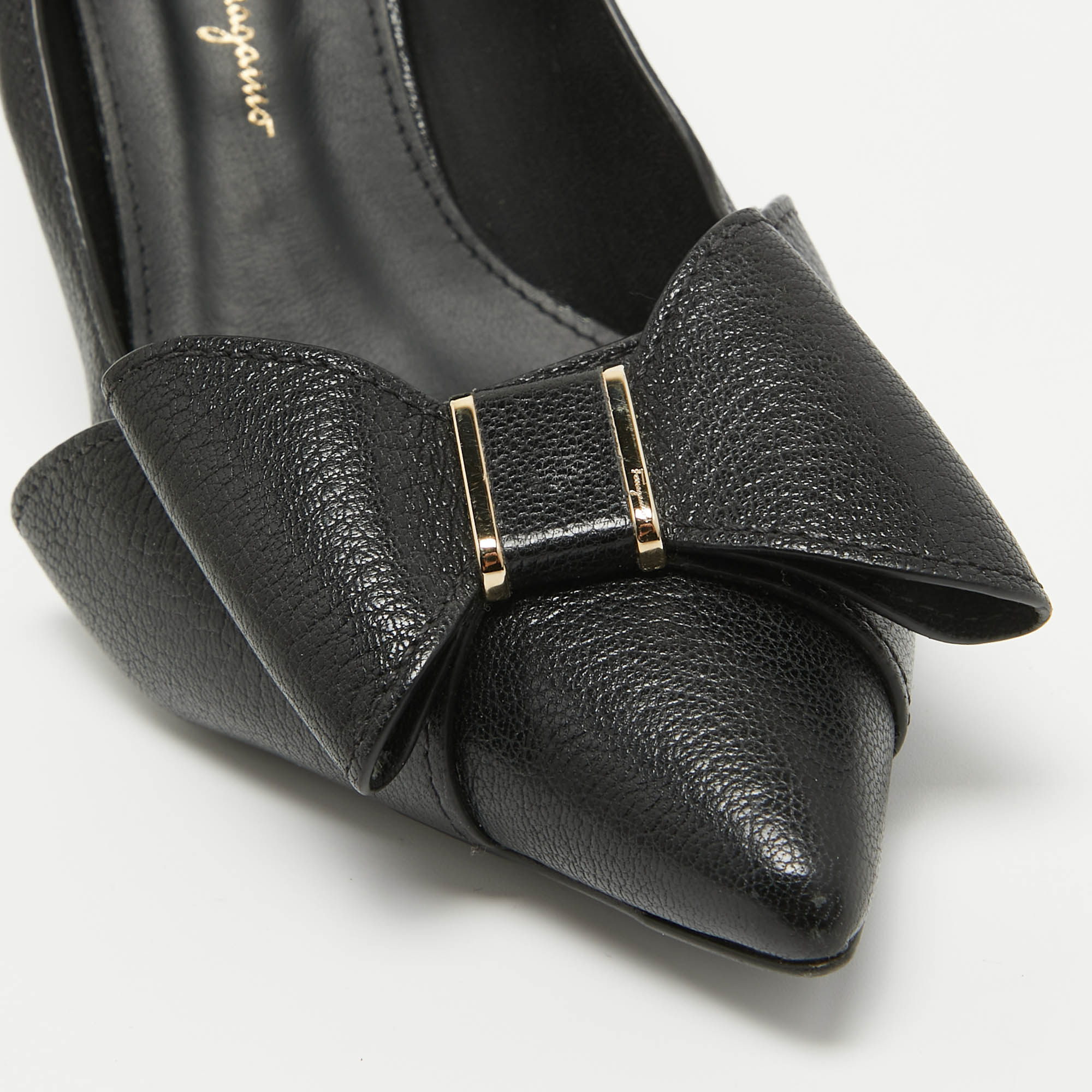 Salvatore Ferragamo Black Leather Bow Pointed Toe Pumps Size 37.5