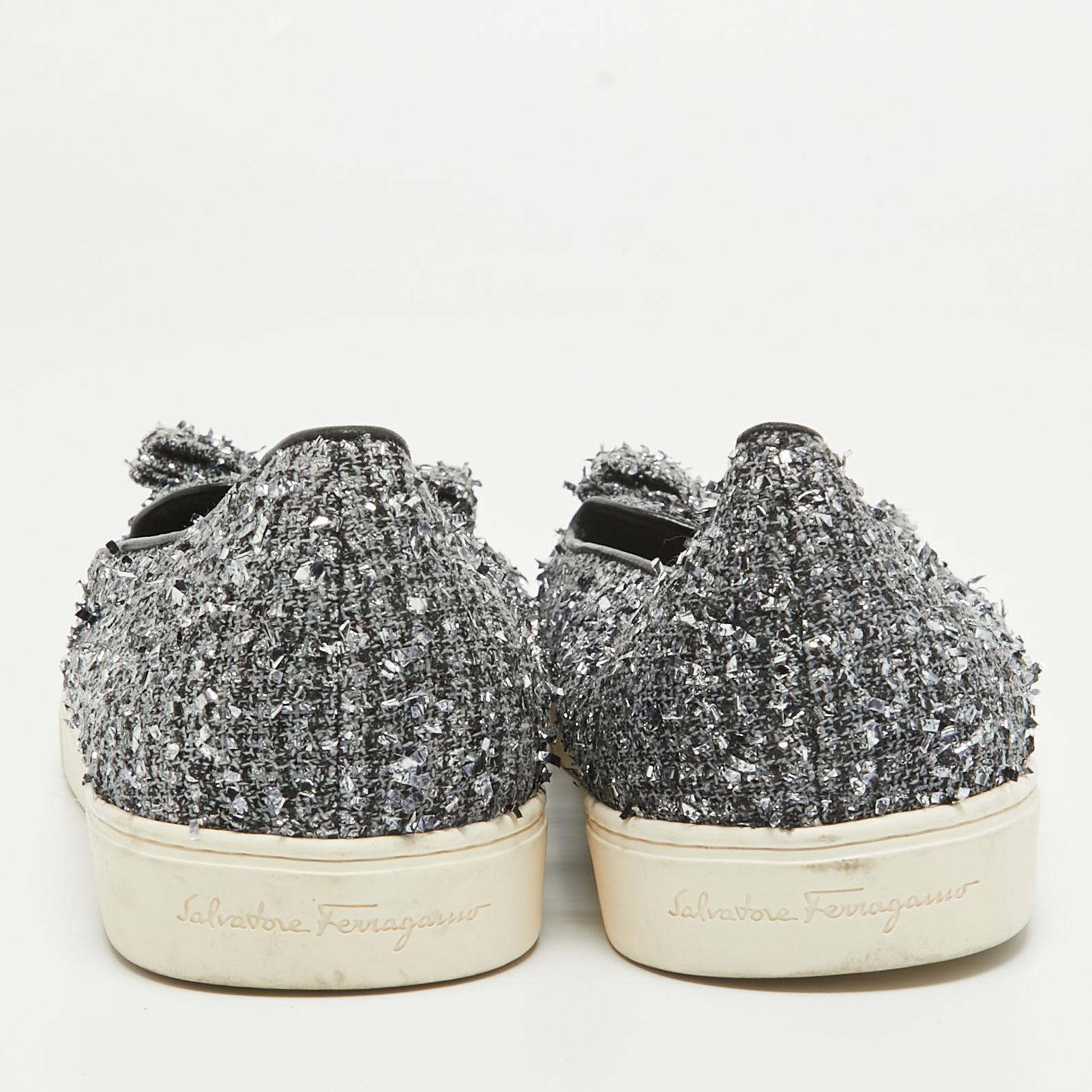 Salvatore Ferragamo Silver Tweed Bow Slip On Sneakers Size 41.5