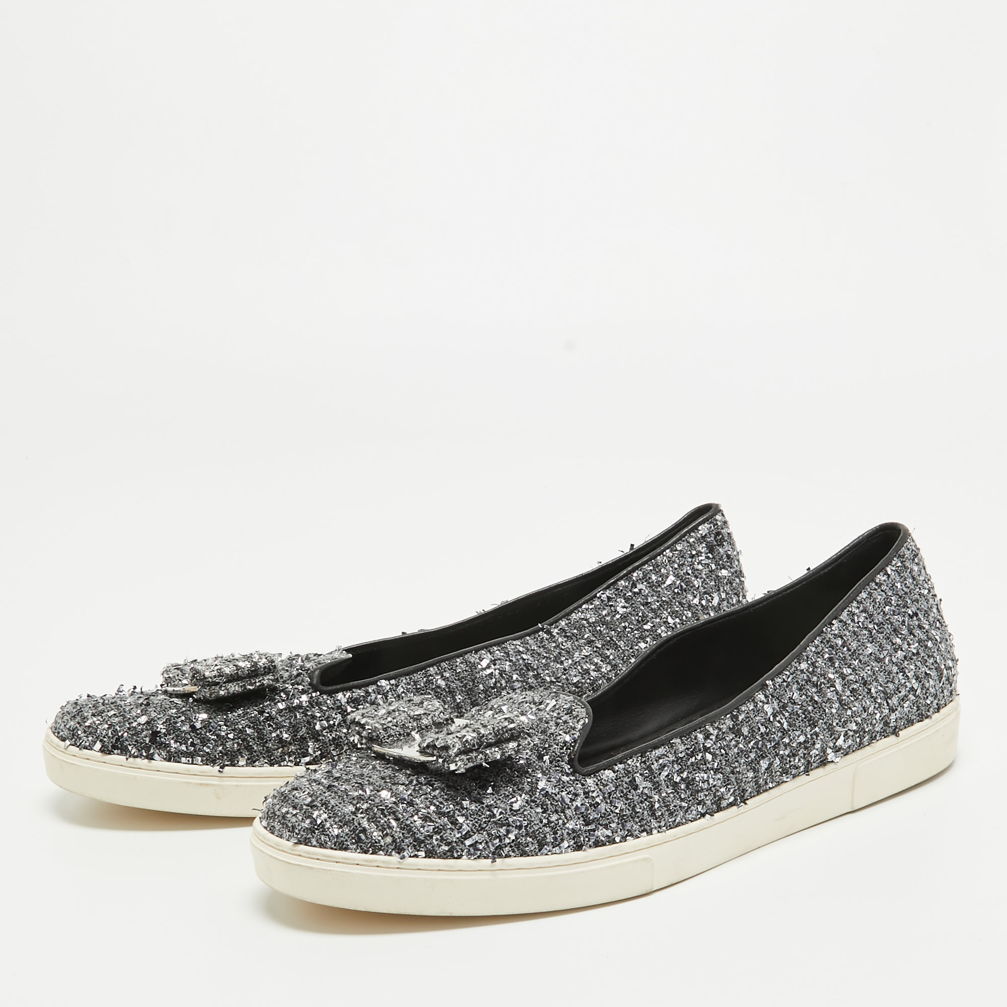 Salvatore Ferragamo Silver Tweed Bow Slip On Sneakers Size 41.5