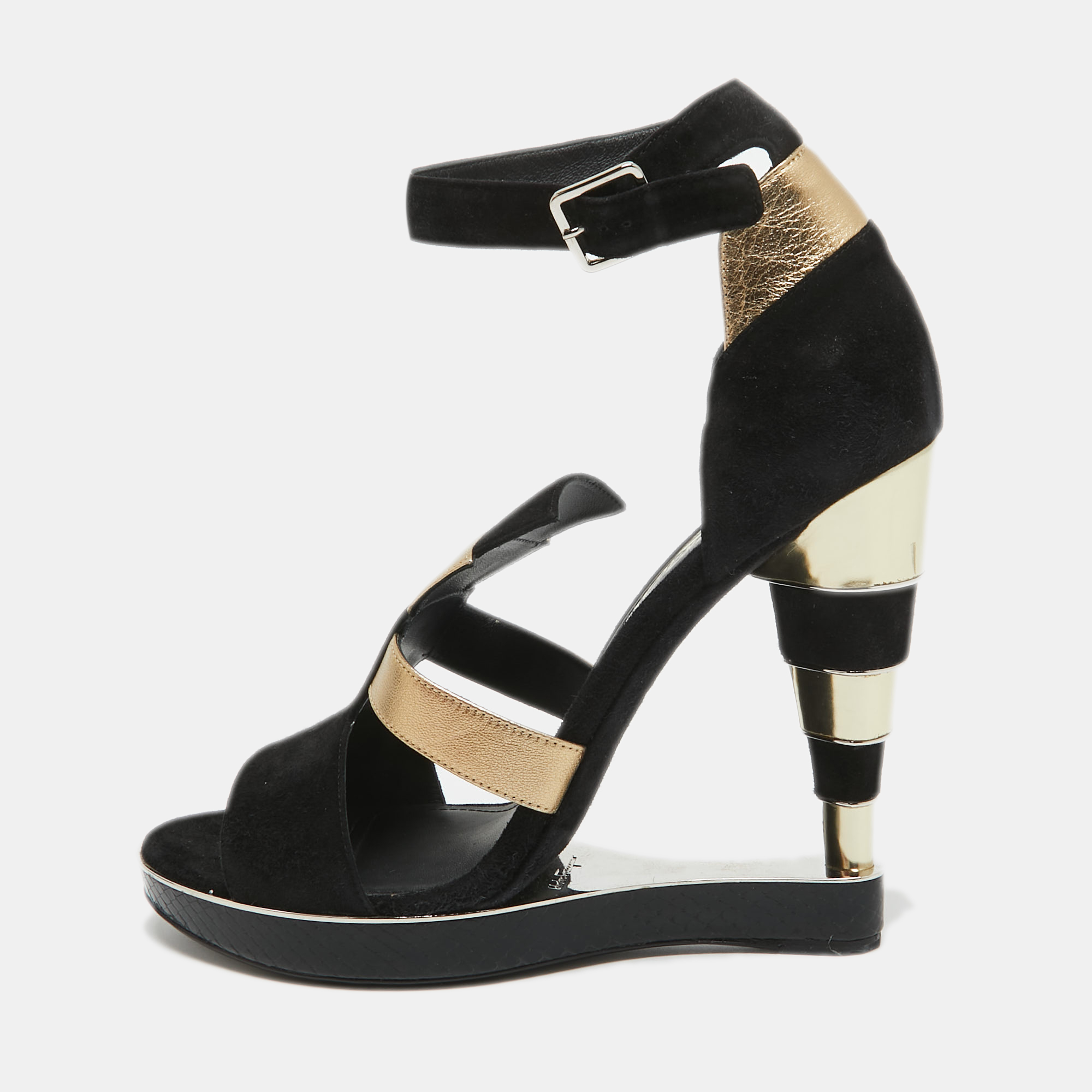 Salvatore ferragamo black/gold suede, watersnake and leather lexus platform sandals size 39.5