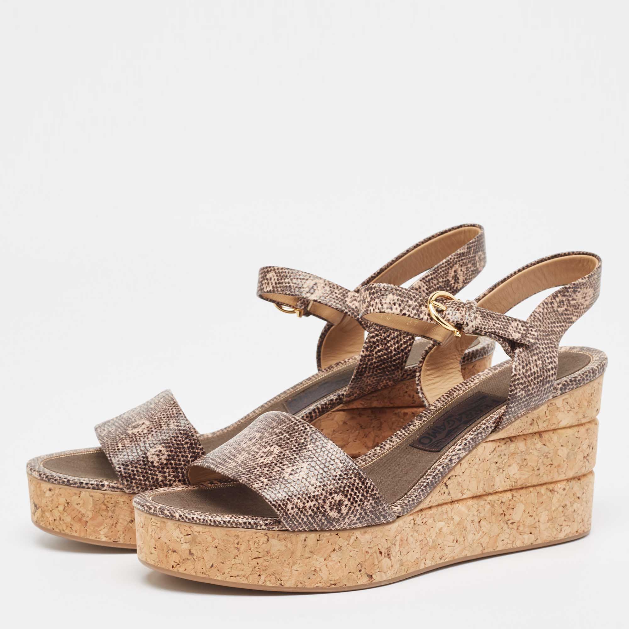 Salvatore Ferragamo Brown Lizard Embossed Leather Madea Cork Wedge Sandals Size 40