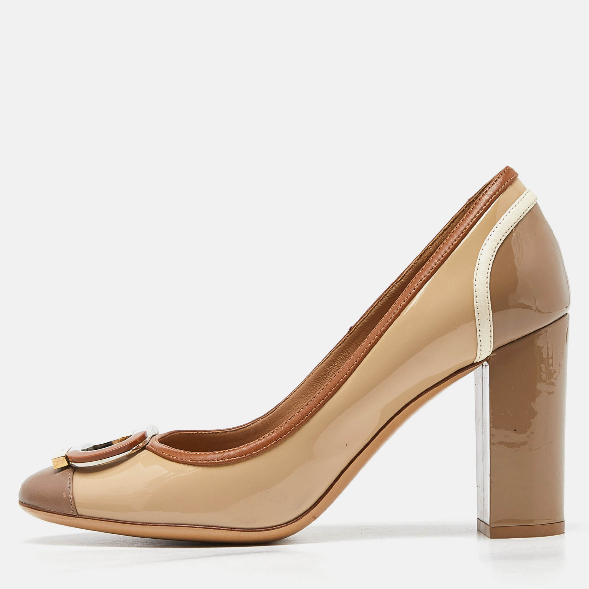 Salvatore ferragamo tricolor patent leather d&eacute;collet&eacute; gwen block heel pumps size 38