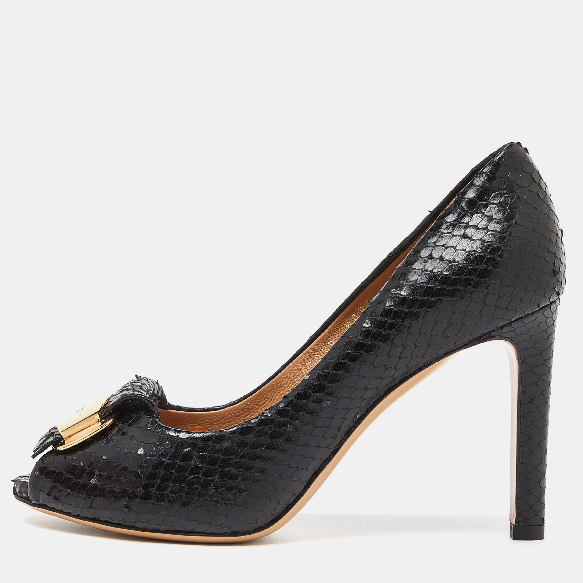 Salvatore ferragamo black snakeskin embossed leather logo fringed peep toe pumps size 37