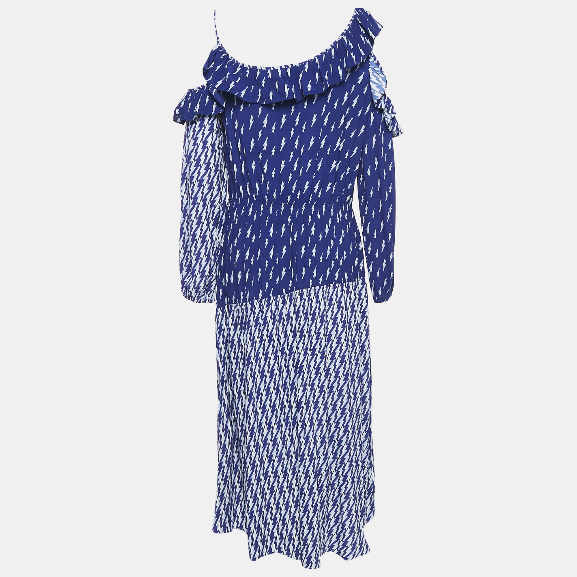 Sandro Blue Lighting Print Crepe Ruffled Cold Shoulder Midi Dress L
Sandro Blue Lighting Print Crepe Ruffled Cold Shoulder Midi Dress L