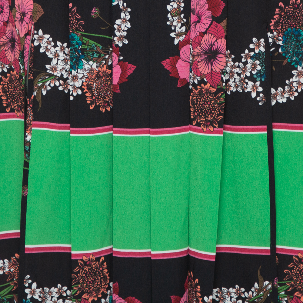 Sandro Black & Green Printed Chiffon Pleated Midi Skirt L