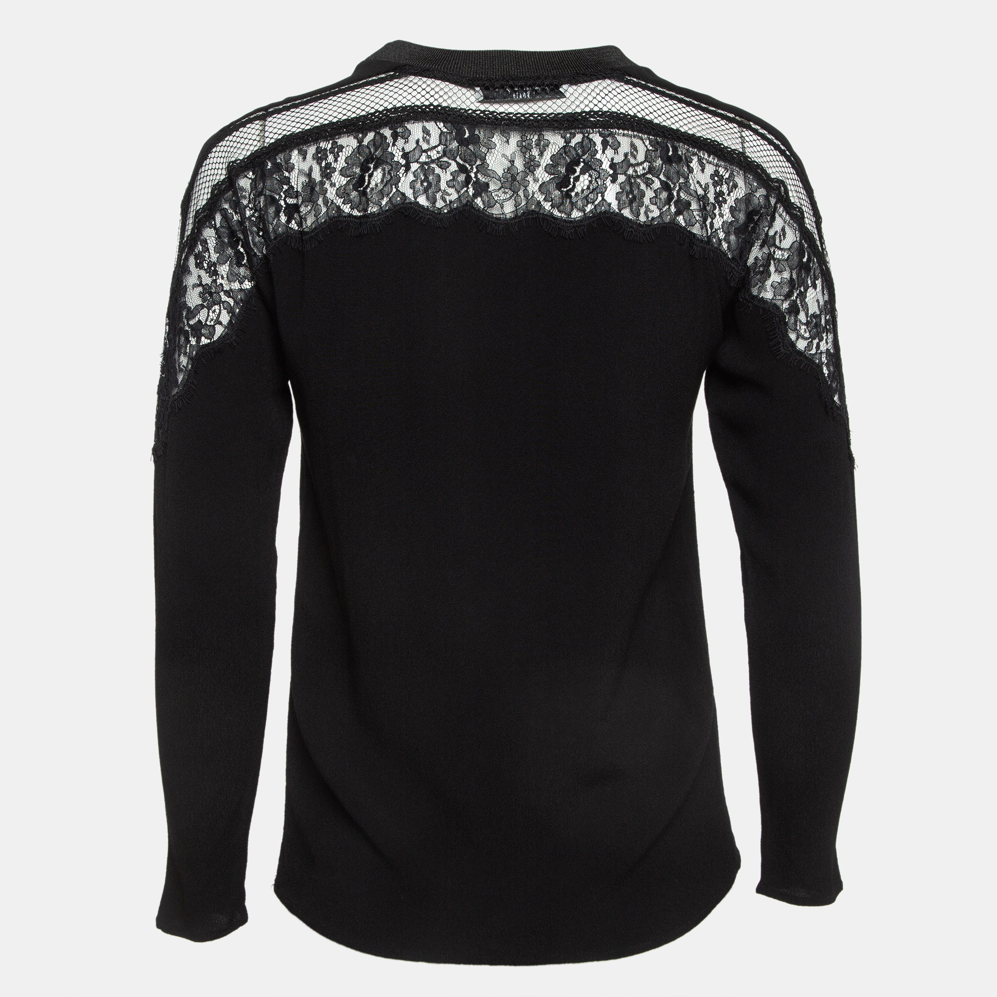 Sandro Black Lace Trim Crepe Crew Neck Top S