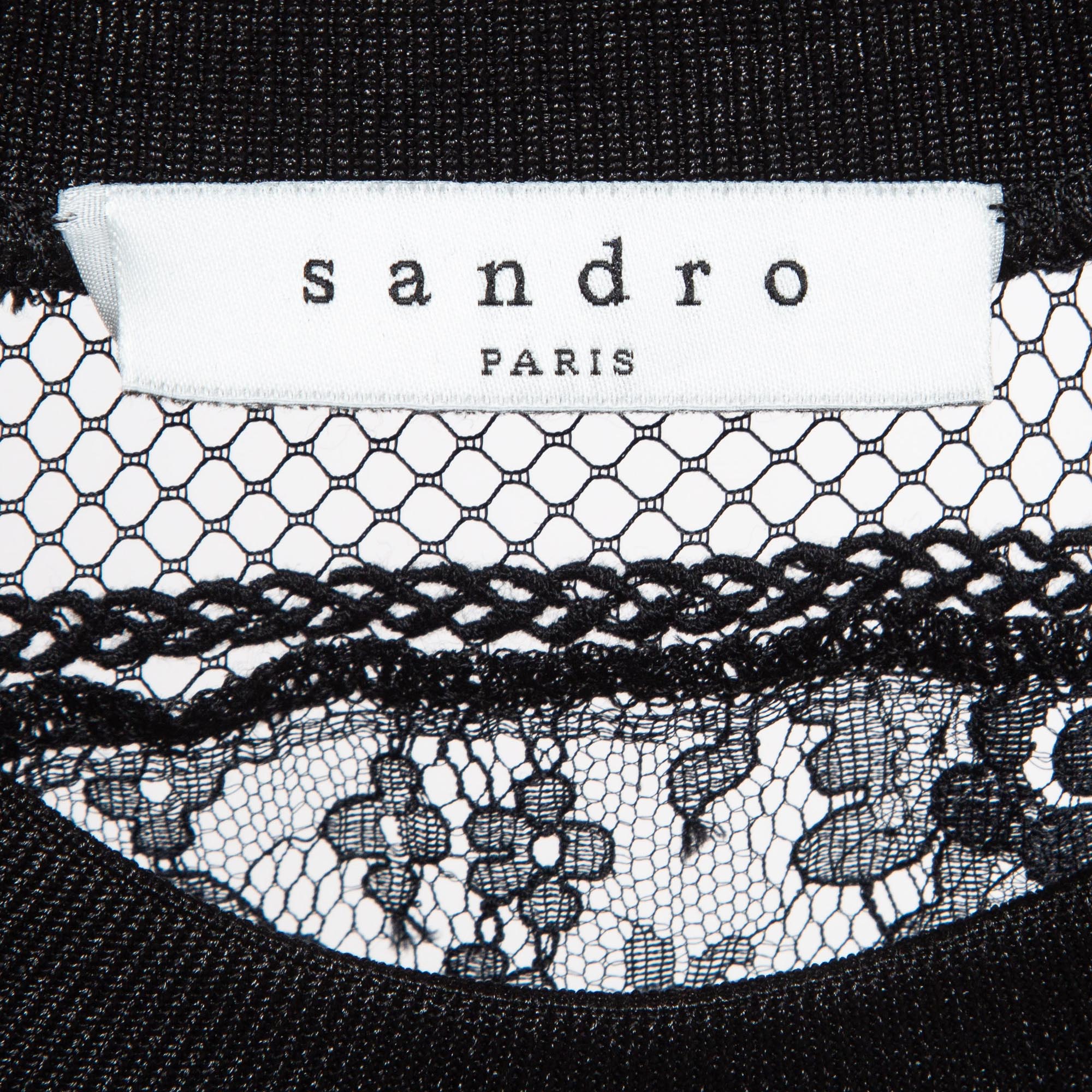 Sandro Black Lace Trim Crepe Crew Neck Top S